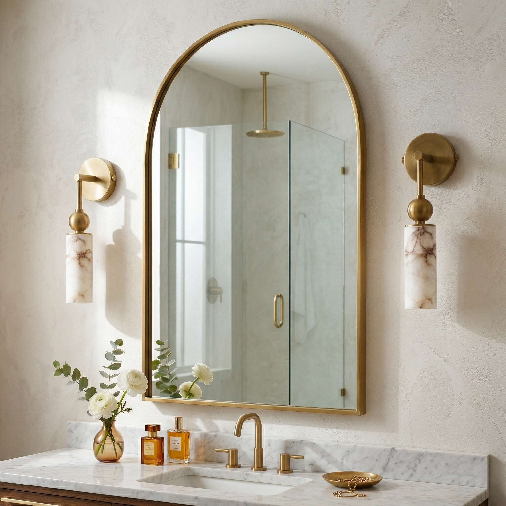 Aria Alabaster Wall Sconce-Home & Garden > Lighting > Wall Lights & Sconces-Laren Fete-1 head ∅ 2.4″ x W 2.8″ x H 14.2″-Brass & White-Laren Fete