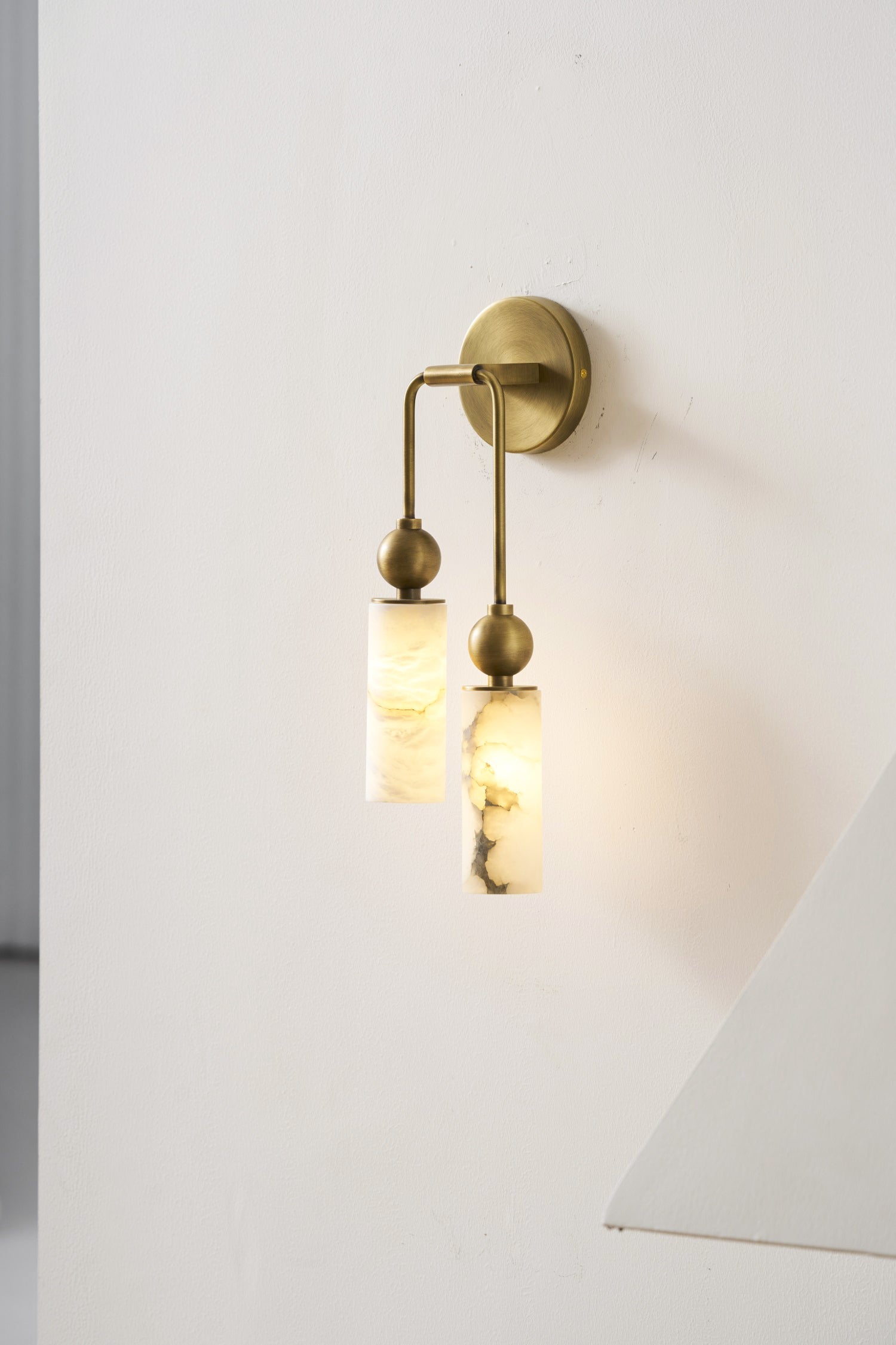 Aria Alabaster Wall Sconce-Home & Garden > Lighting > Wall Lights & Sconces-Laren Fete-1 head ∅ 2.4″ x W 2.8″ x H 14.2″-Brass & White-Laren Fete