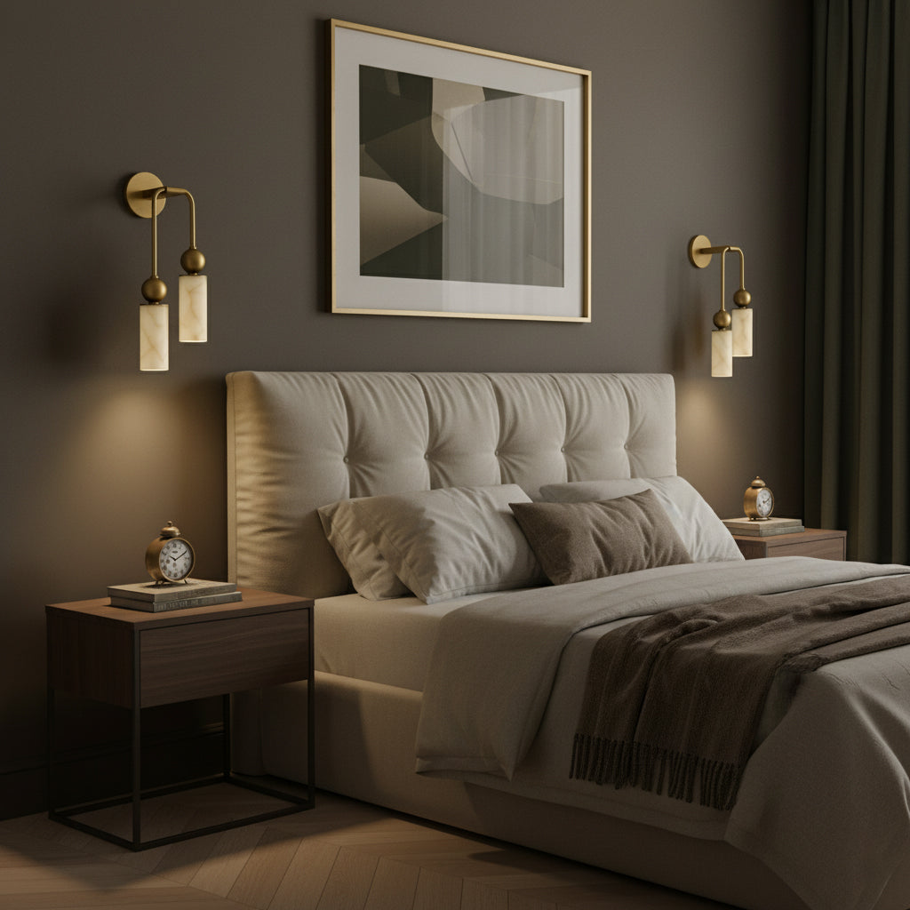Aria Alabaster Wall Sconce-Home & Garden > Lighting > Wall Lights & Sconces-Laren Fete-1 head ∅ 2.4″ x W 2.8″ x H 14.2″-Brass & White-Laren Fete