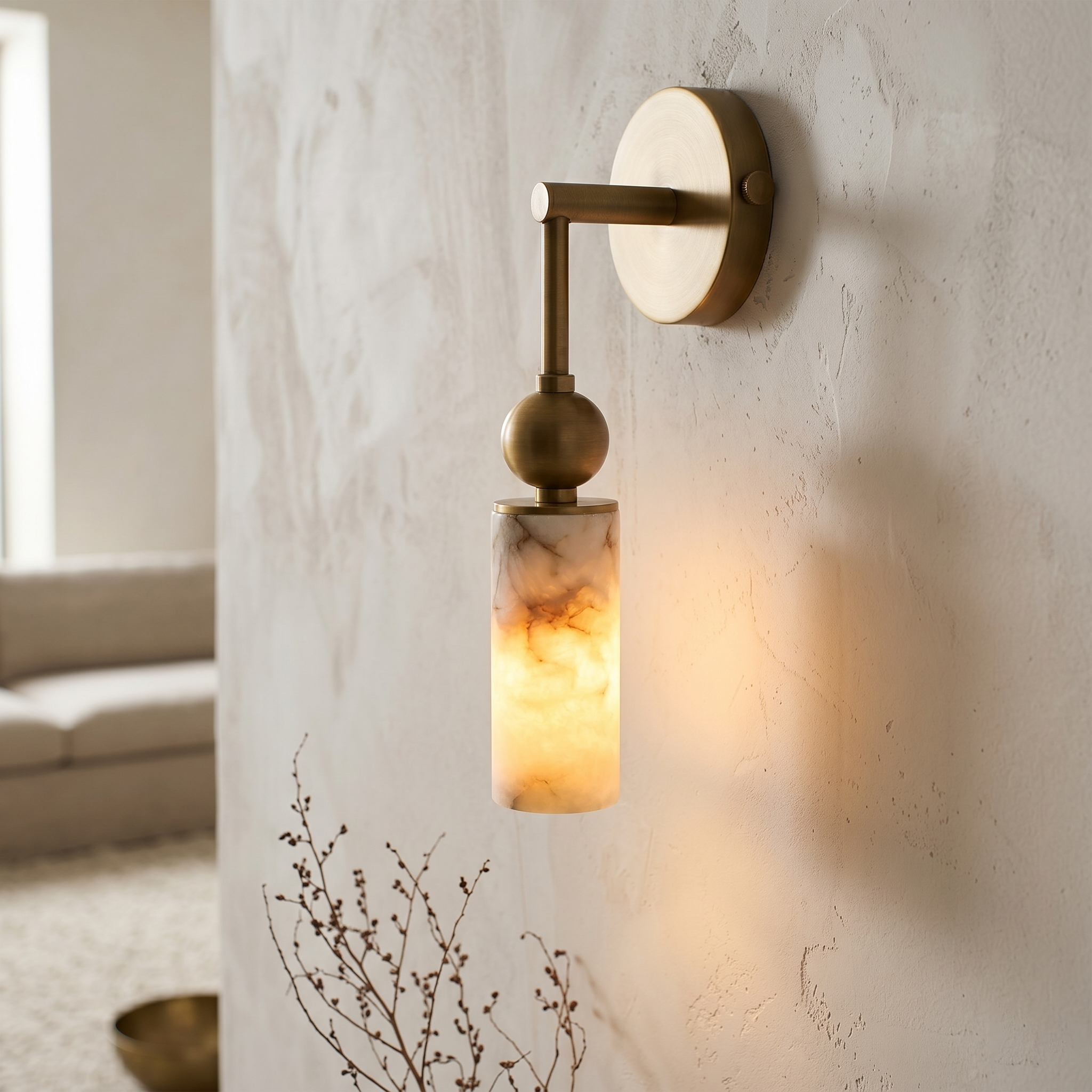 Aria Alabaster Wall Sconce-Home & Garden > Lighting > Wall Lights & Sconces-Laren Fete-1 head ∅ 2.4″ x W 2.8″ x H 14.2″-Brass & White-Laren Fete