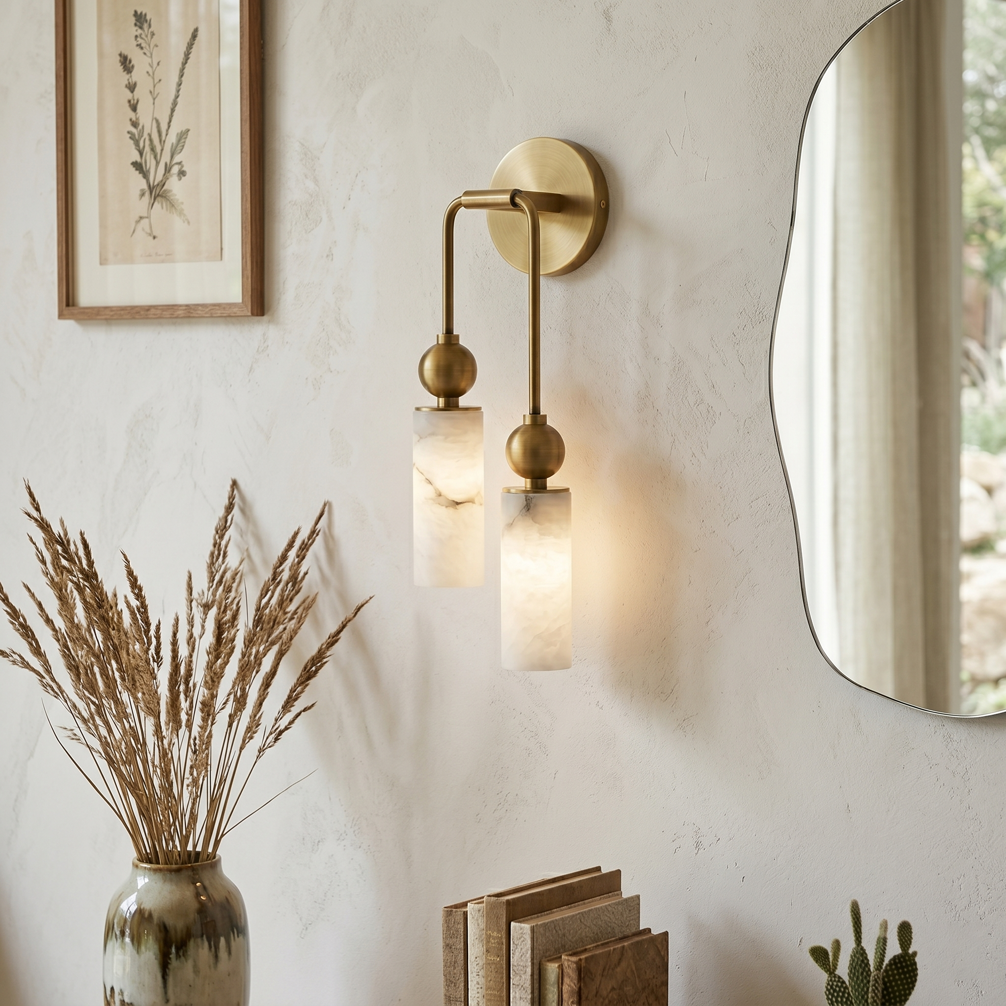 Aria Alabaster Wall Sconce-Home & Garden > Lighting > Wall Lights & Sconces-Laren Fete-1 head ∅ 2.4″ x W 2.8″ x H 14.2″-Brass & White-Laren Fete