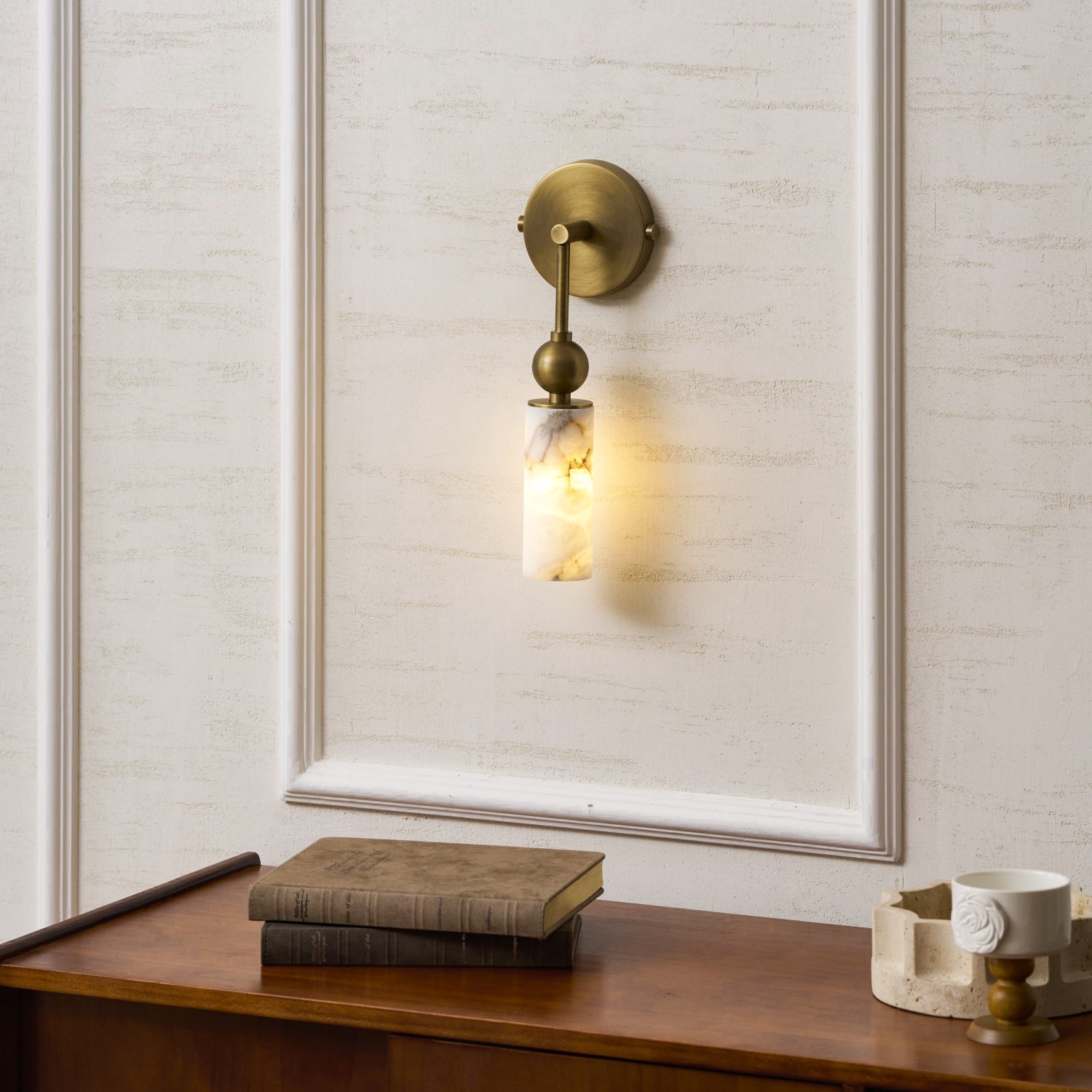 Aria Alabaster Wall Sconce-Home & Garden > Lighting > Wall Lights & Sconces-Laren Fete-1 head ∅ 2.4″ x W 2.8″ x H 14.2″-Brass & White-Laren Fete