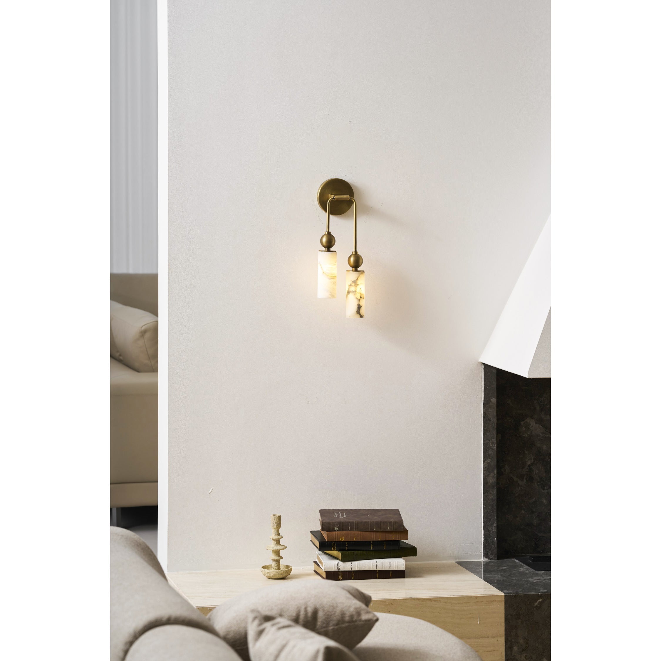 Aria Alabaster Wall Sconce-Home & Garden > Lighting > Wall Lights & Sconces-Laren Fete-1 head ∅ 2.4″ x W 2.8″ x H 14.2″-Brass & White-Laren Fete