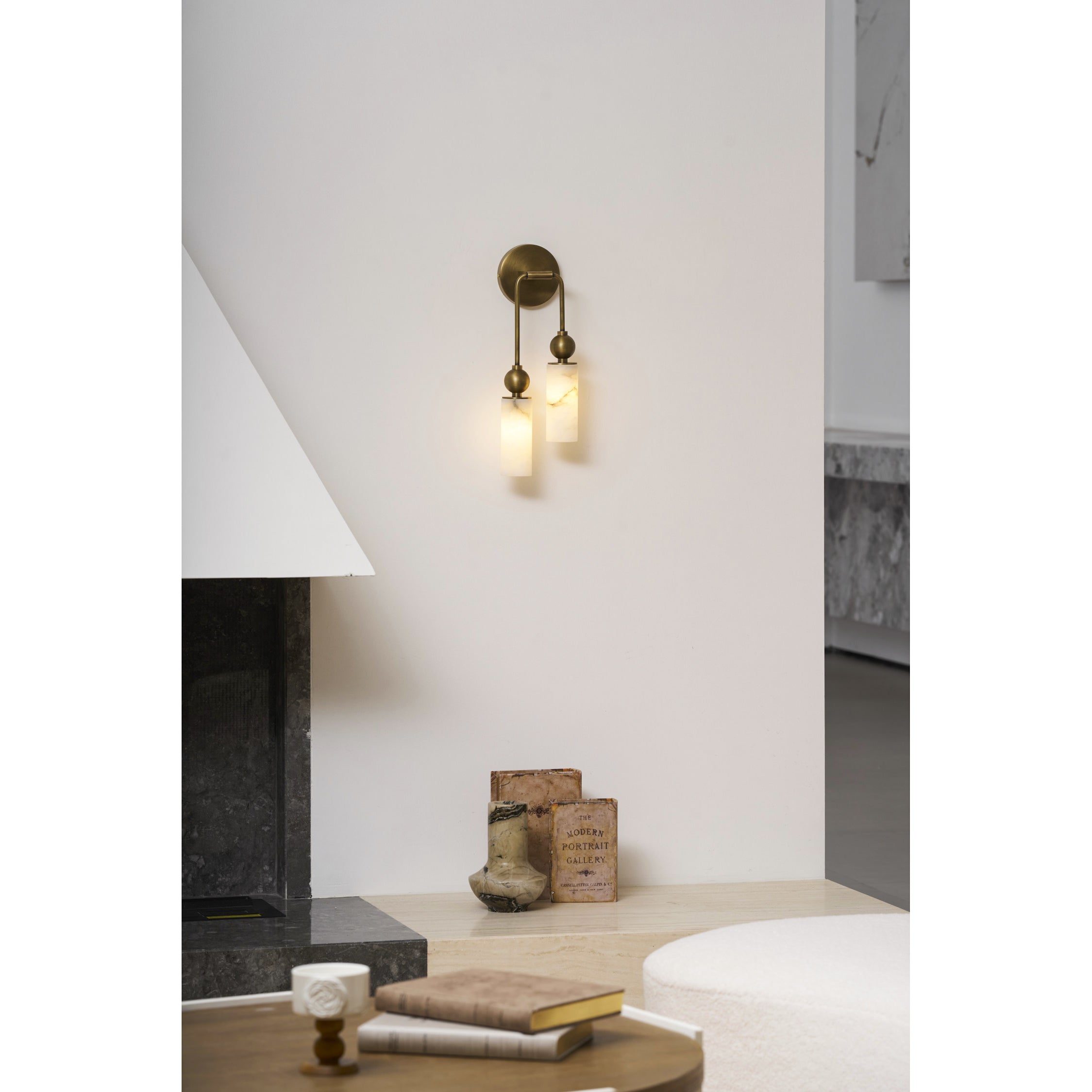 Aria Alabaster Wall Sconce-Home & Garden > Lighting > Wall Lights & Sconces-Laren Fete-1 head ∅ 2.4″ x W 2.8″ x H 14.2″-Brass & White-Laren Fete