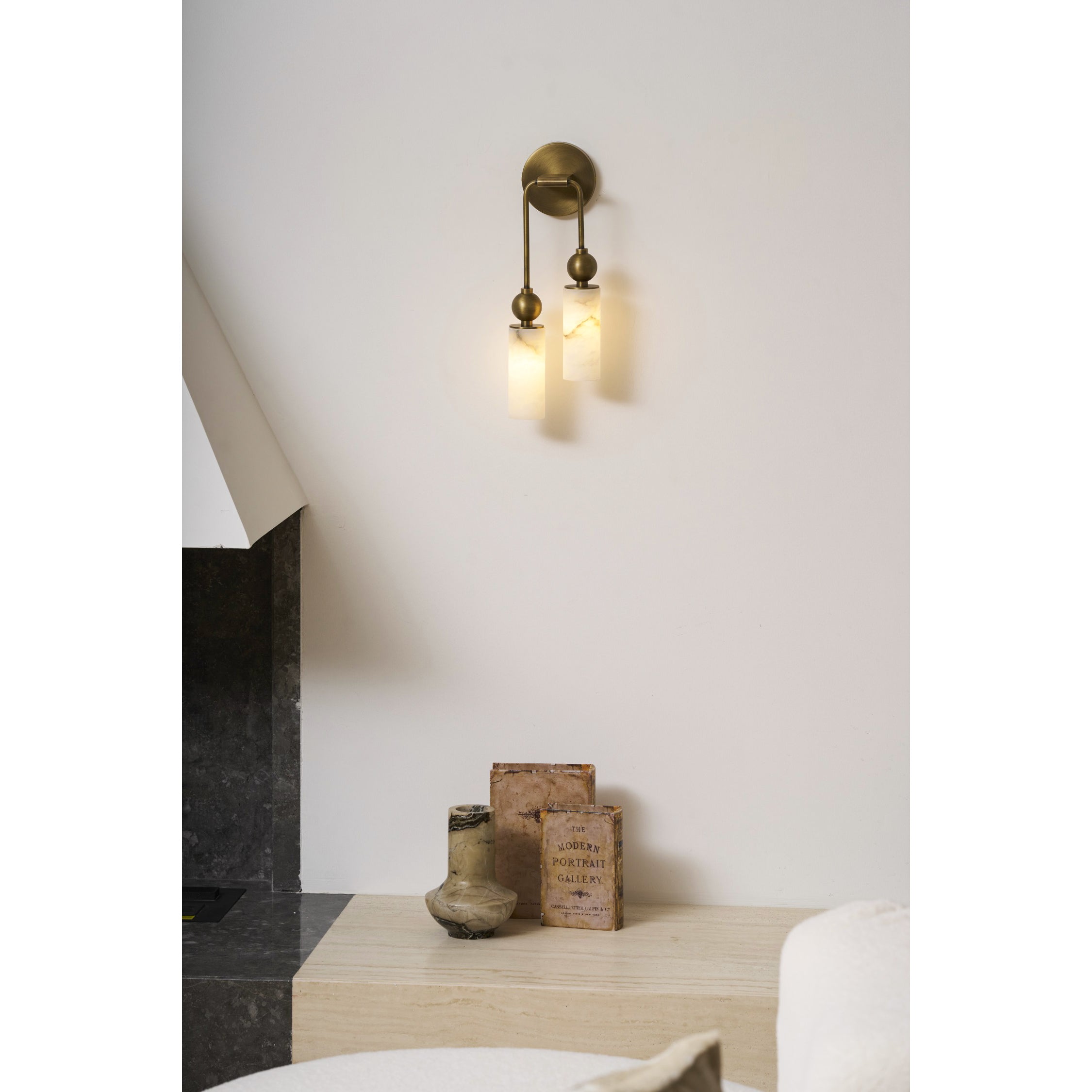 Aria Alabaster Wall Sconce-Home & Garden > Lighting > Wall Lights & Sconces-Laren Fete-1 head ∅ 2.4″ x W 2.8″ x H 14.2″-Brass & White-Laren Fete