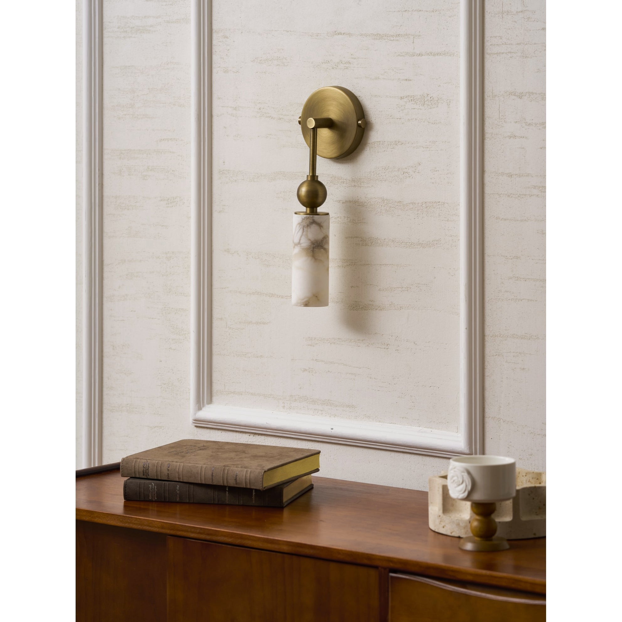 Aria Alabaster Wall Sconce-Home & Garden > Lighting > Wall Lights & Sconces-Laren Fete-1 head ∅ 2.4″ x W 2.8″ x H 14.2″-Brass & White-Laren Fete