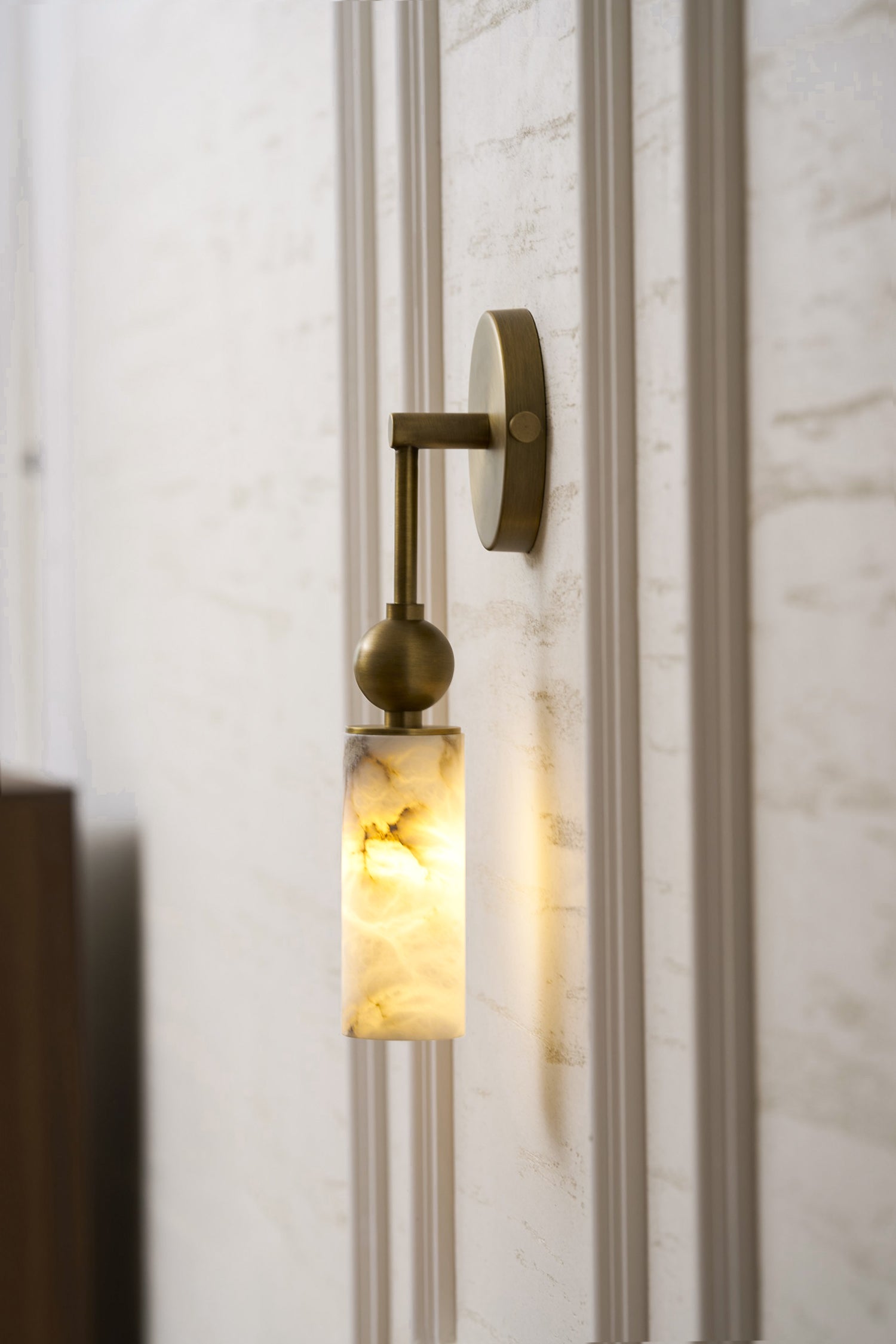 Aria Alabaster Wall Sconce-Home & Garden > Lighting > Wall Lights & Sconces-Laren Fete-1 head ∅ 2.4″ x W 2.8″ x H 14.2″-Brass & White-Laren Fete