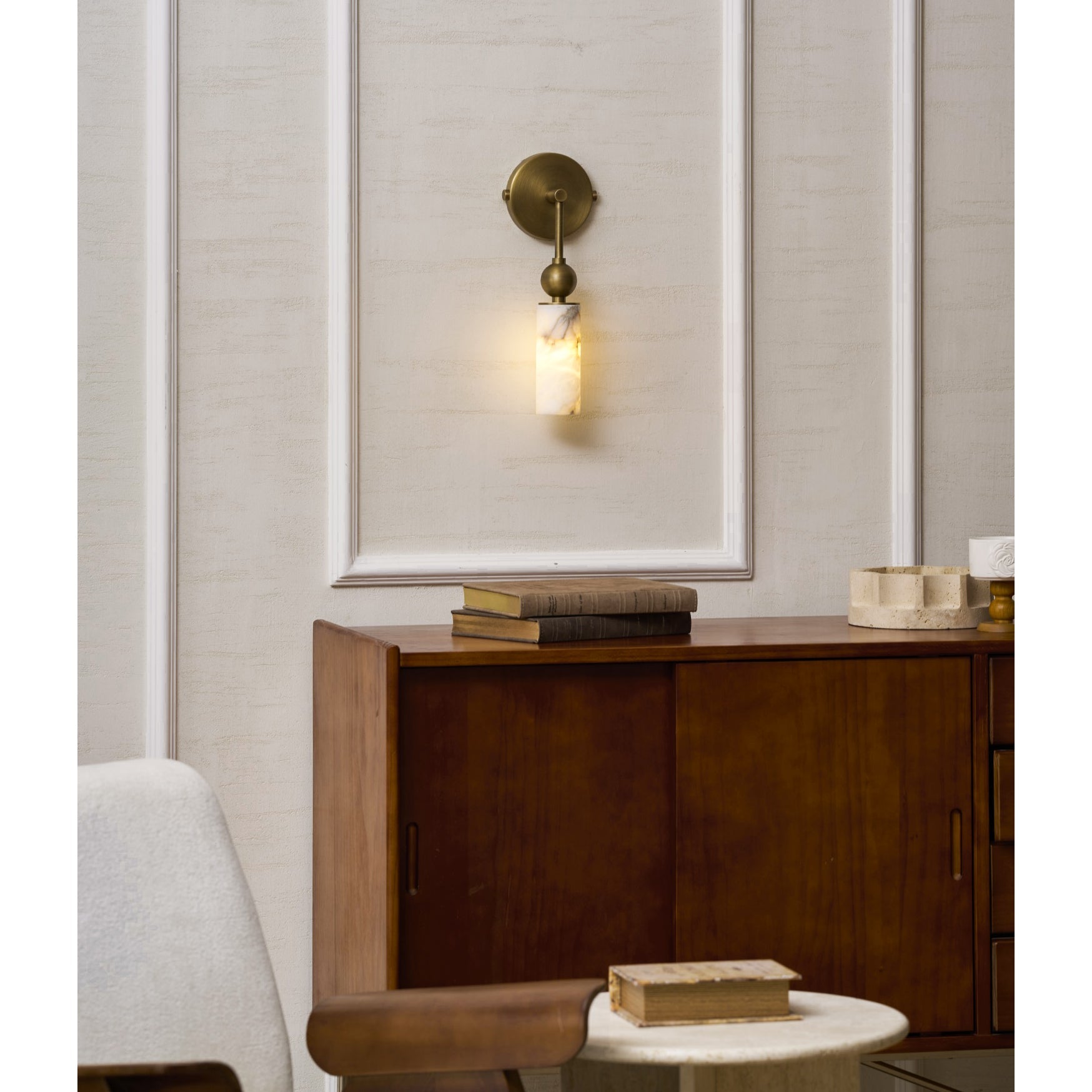 Aria Alabaster Wall Sconce-Home & Garden > Lighting > Wall Lights & Sconces-Laren Fete-1 head ∅ 2.4″ x W 2.8″ x H 14.2″-Brass & White-Laren Fete