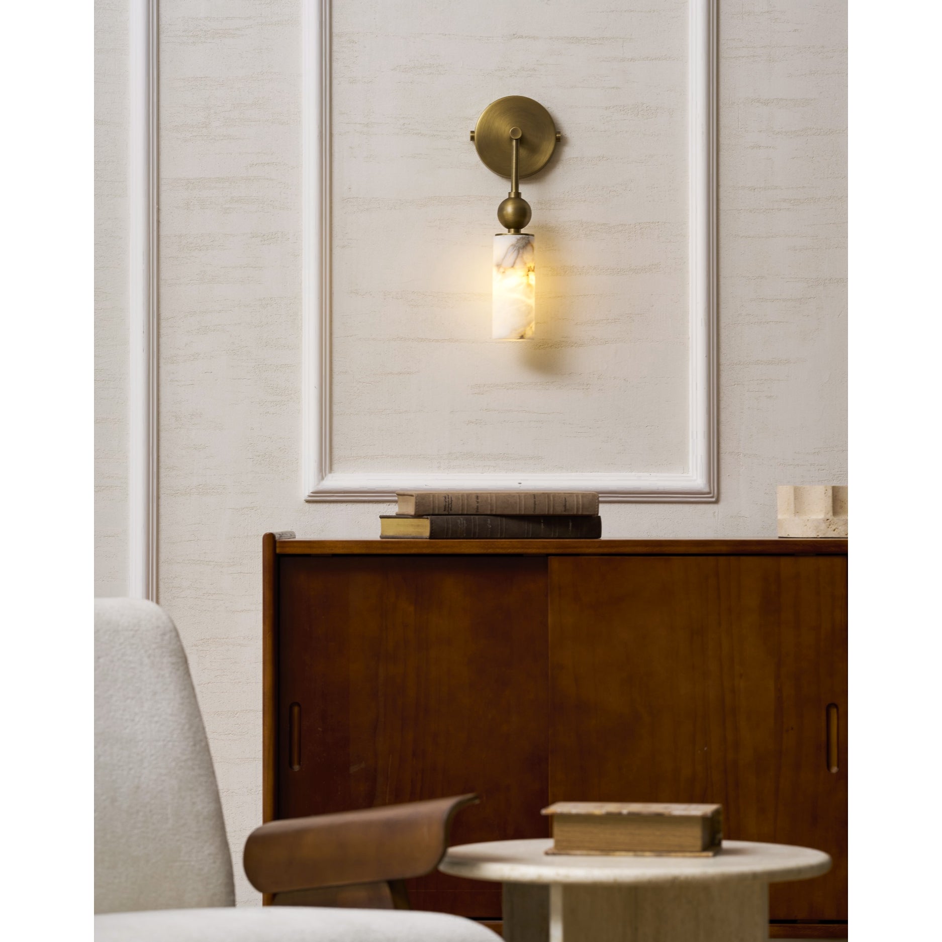 Aria Alabaster Wall Sconce-Home & Garden > Lighting > Wall Lights & Sconces-Laren Fete-1 head ∅ 2.4″ x W 2.8″ x H 14.2″-Brass & White-Laren Fete