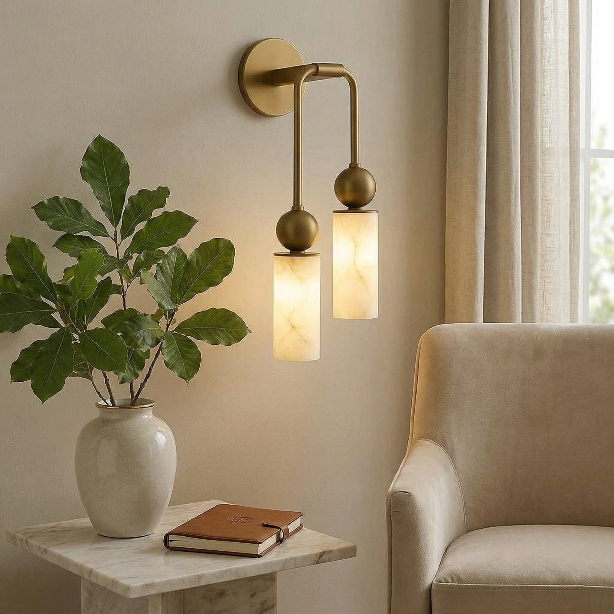 Aria Alabaster Wall Sconce-Home & Garden > Lighting > Wall Lights & Sconces-Laren Fete-1 head ∅ 2.4″ x W 2.8″ x H 14.2″-Brass & White-Laren Fete