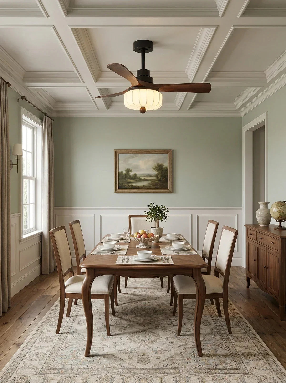 Elira Walnut Blade Ceiling Fan with Fabric Lantern Light-Home & Garden > Lighting > Ceiling Fans-Laren Fete-Model A ∅ 36″ x H 13.8″-Walnut Color + Black + White-Warm Light-Laren Fete