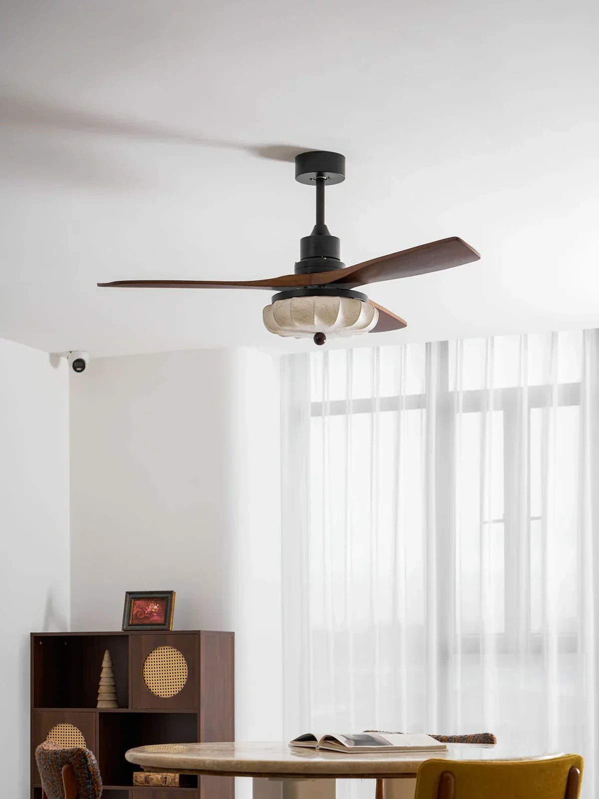 Elira Walnut Blade Ceiling Fan with Fabric Lantern Light-Home & Garden > Lighting > Ceiling Fans-Laren Fete-Model A ∅ 36″ x H 13.8″-Walnut Color + Black + White-Warm Light-Laren Fete