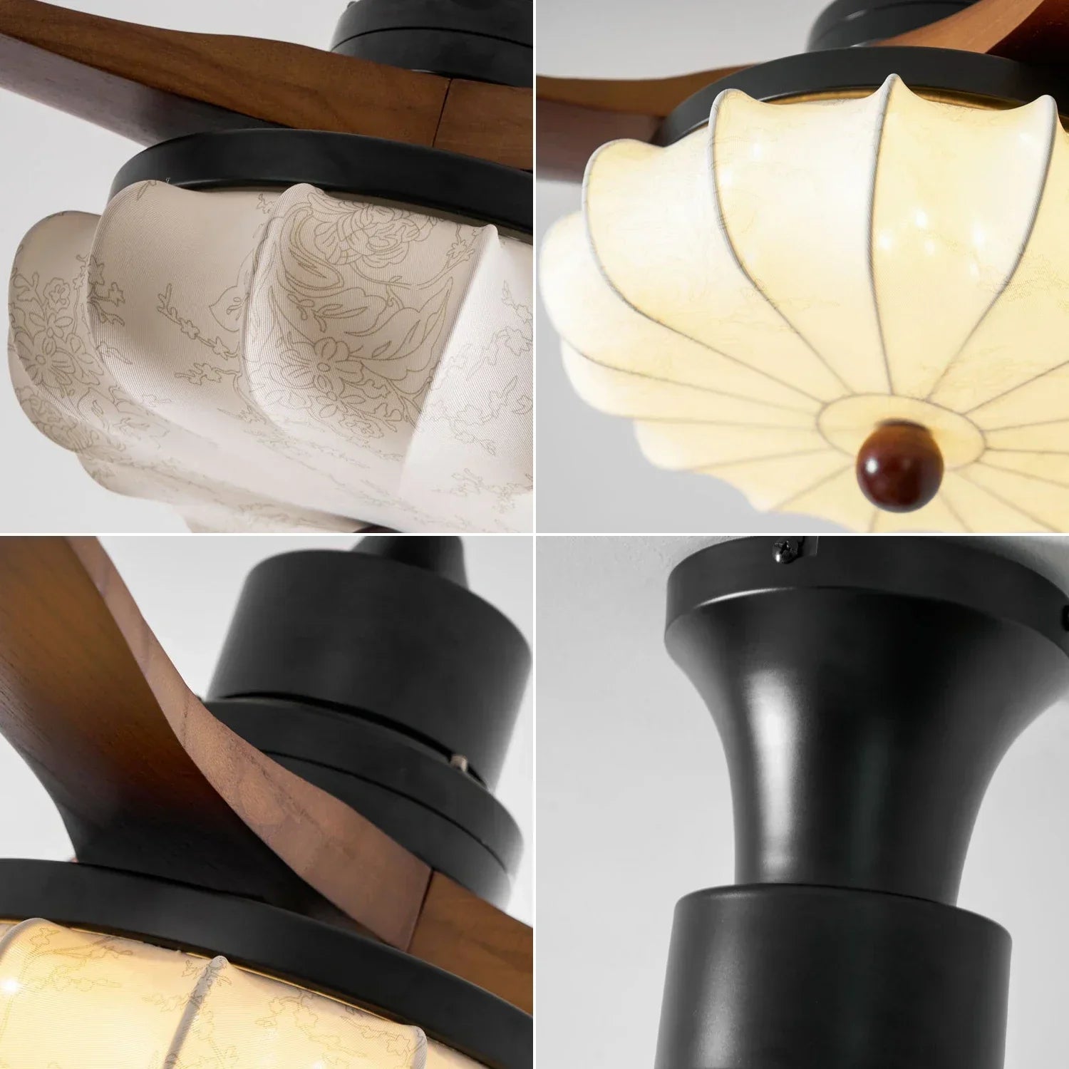 Elira Walnut Blade Ceiling Fan with Fabric Lantern Light-Home & Garden > Lighting > Ceiling Fans-Laren Fete-Model A ∅ 36″ x H 13.8″-Walnut Color + Black + White-Warm Light-Laren Fete