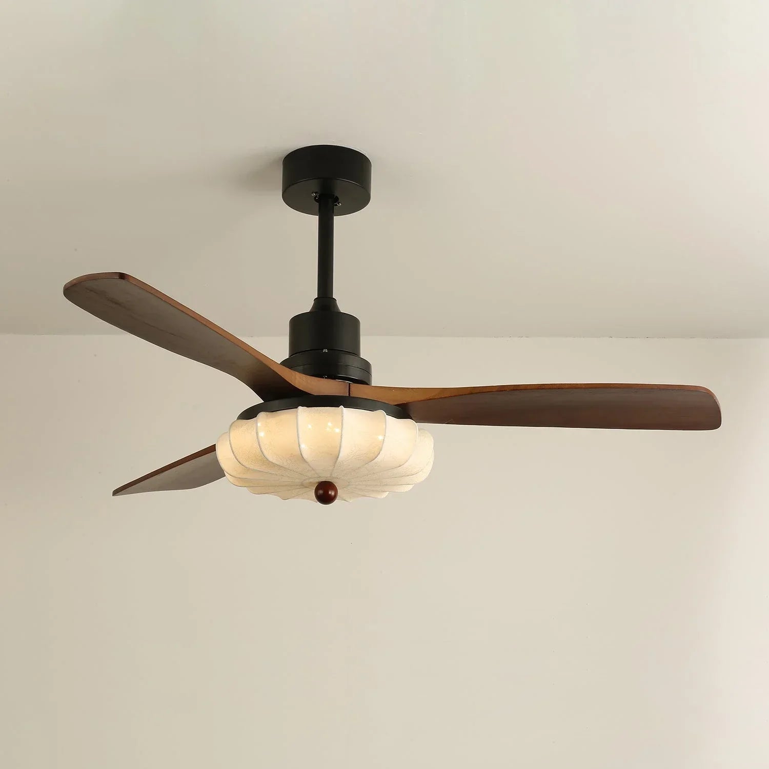 Elira Walnut Blade Ceiling Fan with Fabric Lantern Light-Home & Garden > Lighting > Ceiling Fans-Laren Fete-Model A ∅ 36″ x H 13.8″-Walnut Color + Black + White-Warm Light-Laren Fete