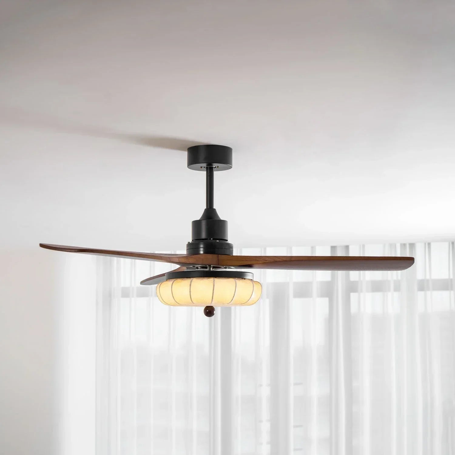 Elira Walnut Blade Ceiling Fan with Fabric Lantern Light-Home & Garden > Lighting > Ceiling Fans-Laren Fete-Model A ∅ 36″ x H 13.8″-Walnut Color + Black + White-Warm Light-Laren Fete