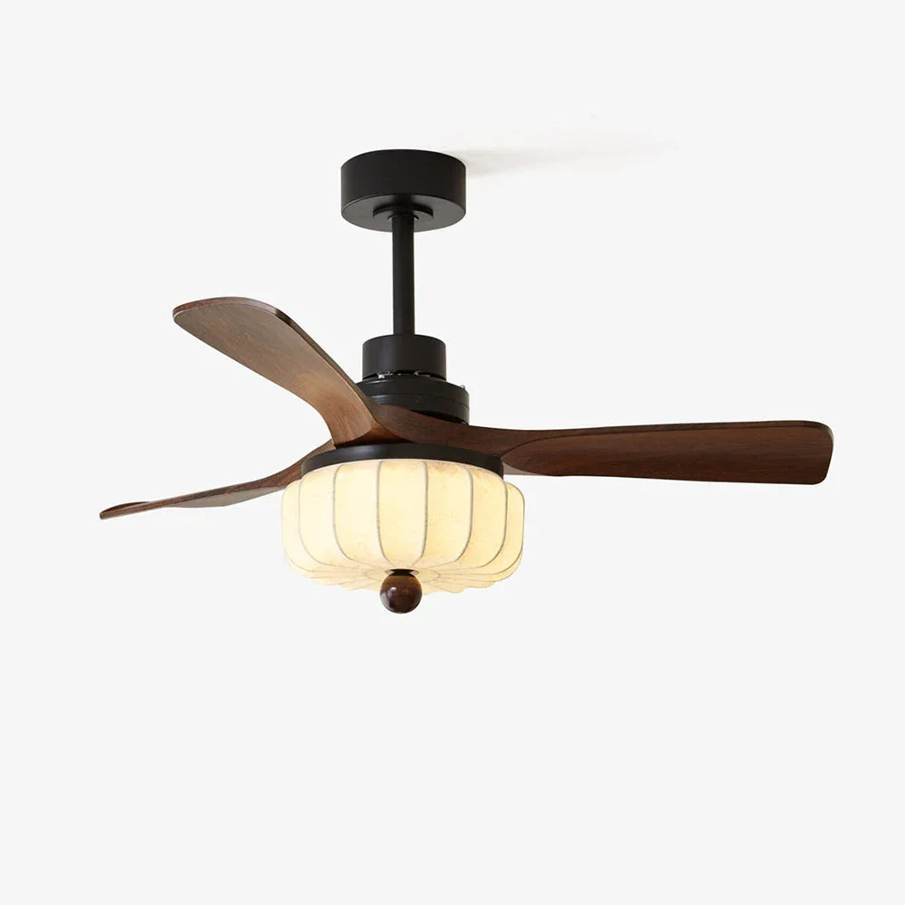 Elira Walnut Blade Ceiling Fan with Fabric Lantern Light-Home & Garden > Lighting > Ceiling Fans-Laren Fete-Model A ∅ 36″ x H 13.8″-Walnut Color + Black + White-Warm Light-Laren Fete