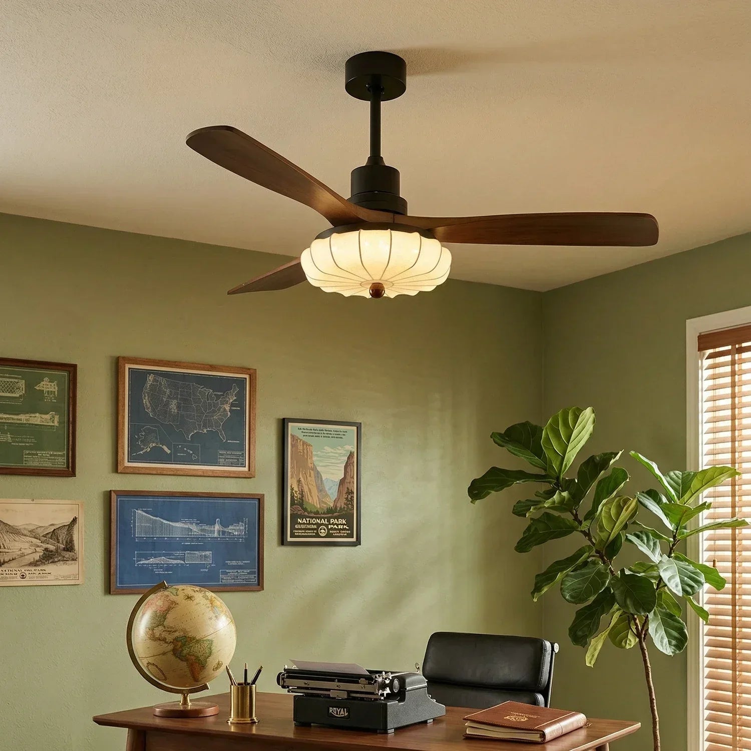Elira Walnut Blade Ceiling Fan with Fabric Lantern Light-Home & Garden > Lighting > Ceiling Fans-Laren Fete-Model A ∅ 36″ x H 13.8″-Walnut Color + Black + White-Warm Light-Laren Fete
