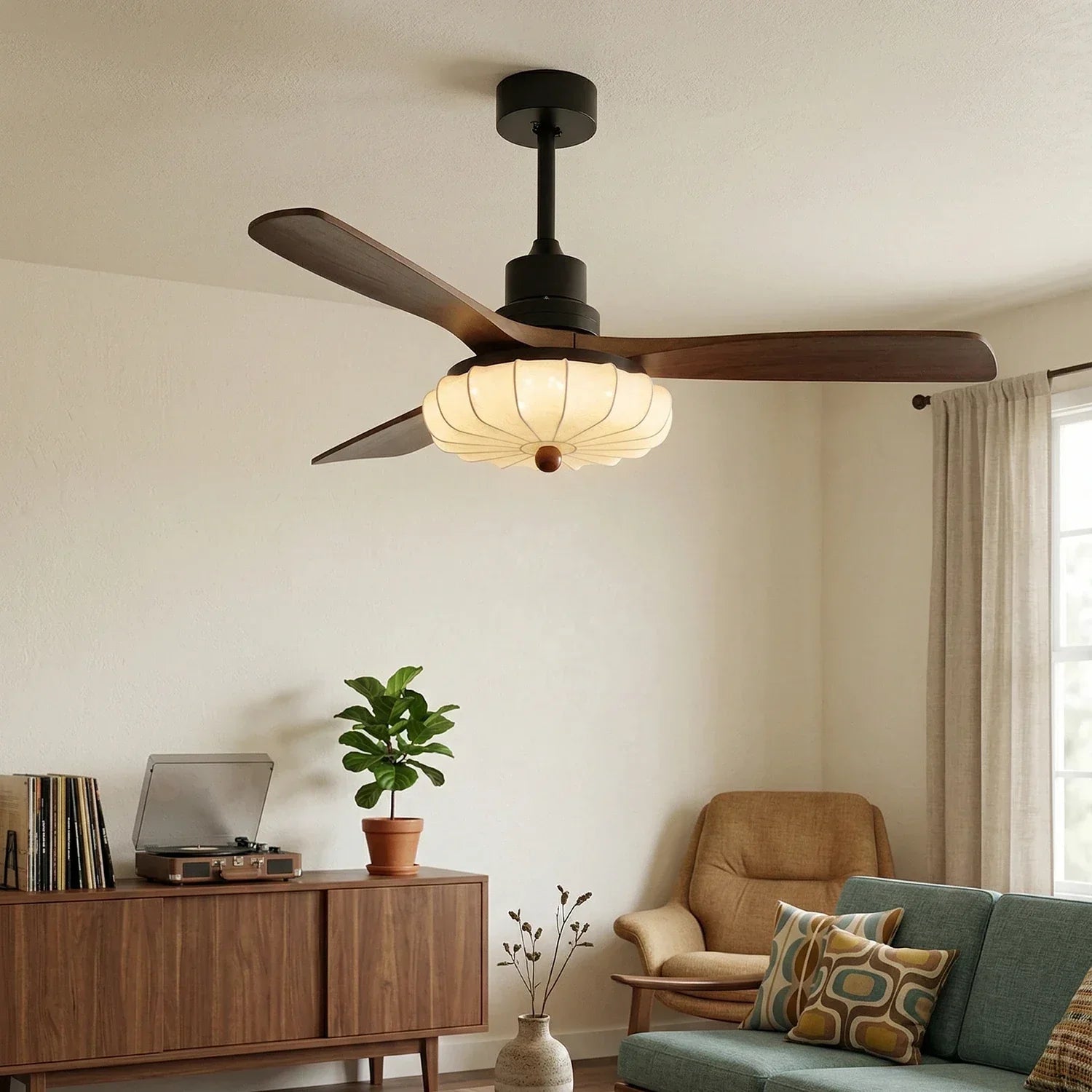 Elira Walnut Blade Ceiling Fan with Fabric Lantern Light-Home & Garden > Lighting > Ceiling Fans-Laren Fete-Model A ∅ 36″ x H 13.8″-Walnut Color + Black + White-Warm Light-Laren Fete