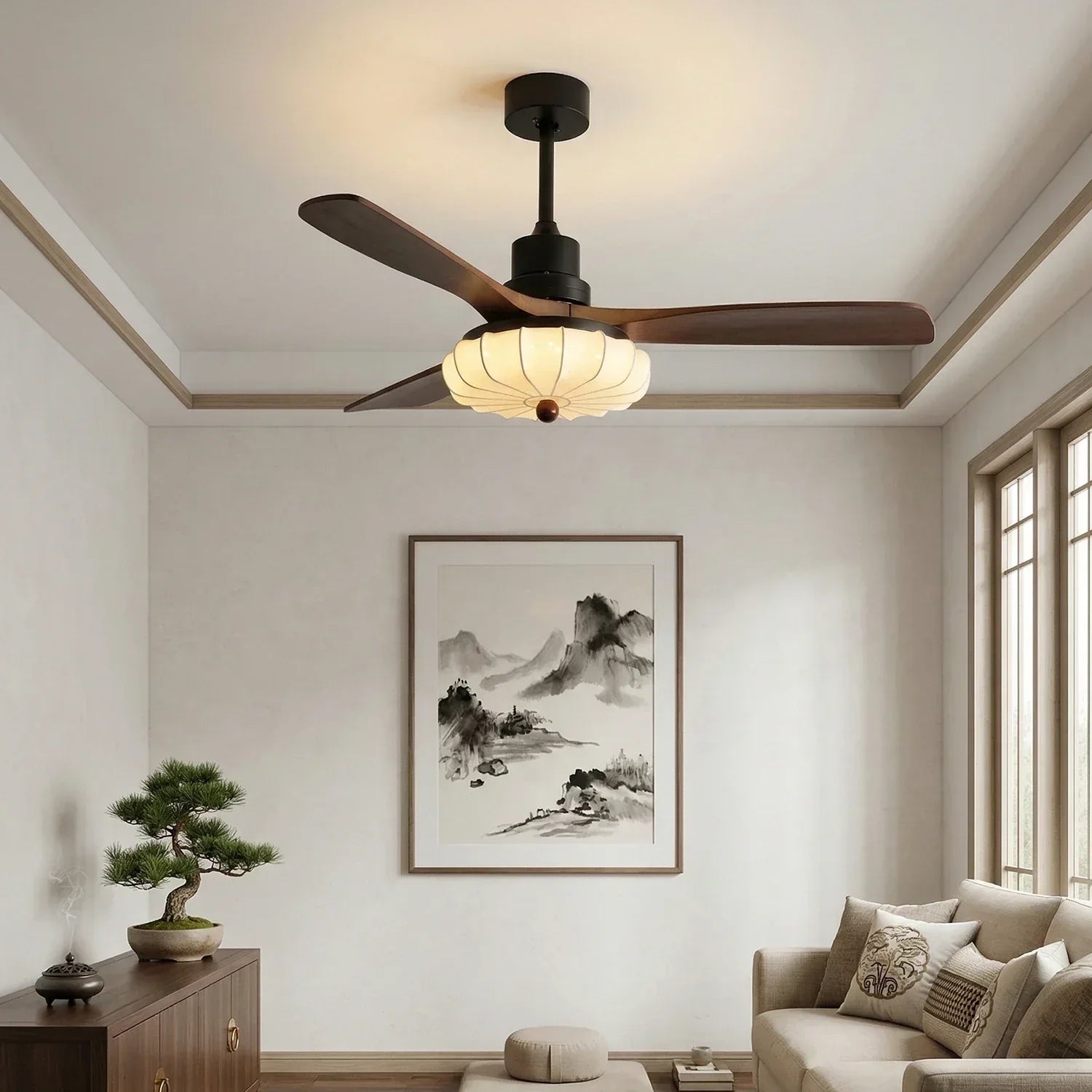 Elira Walnut Blade Ceiling Fan with Fabric Lantern Light-Home & Garden > Lighting > Ceiling Fans-Laren Fete-Model A ∅ 36″ x H 13.8″-Walnut Color + Black + White-Warm Light-Laren Fete