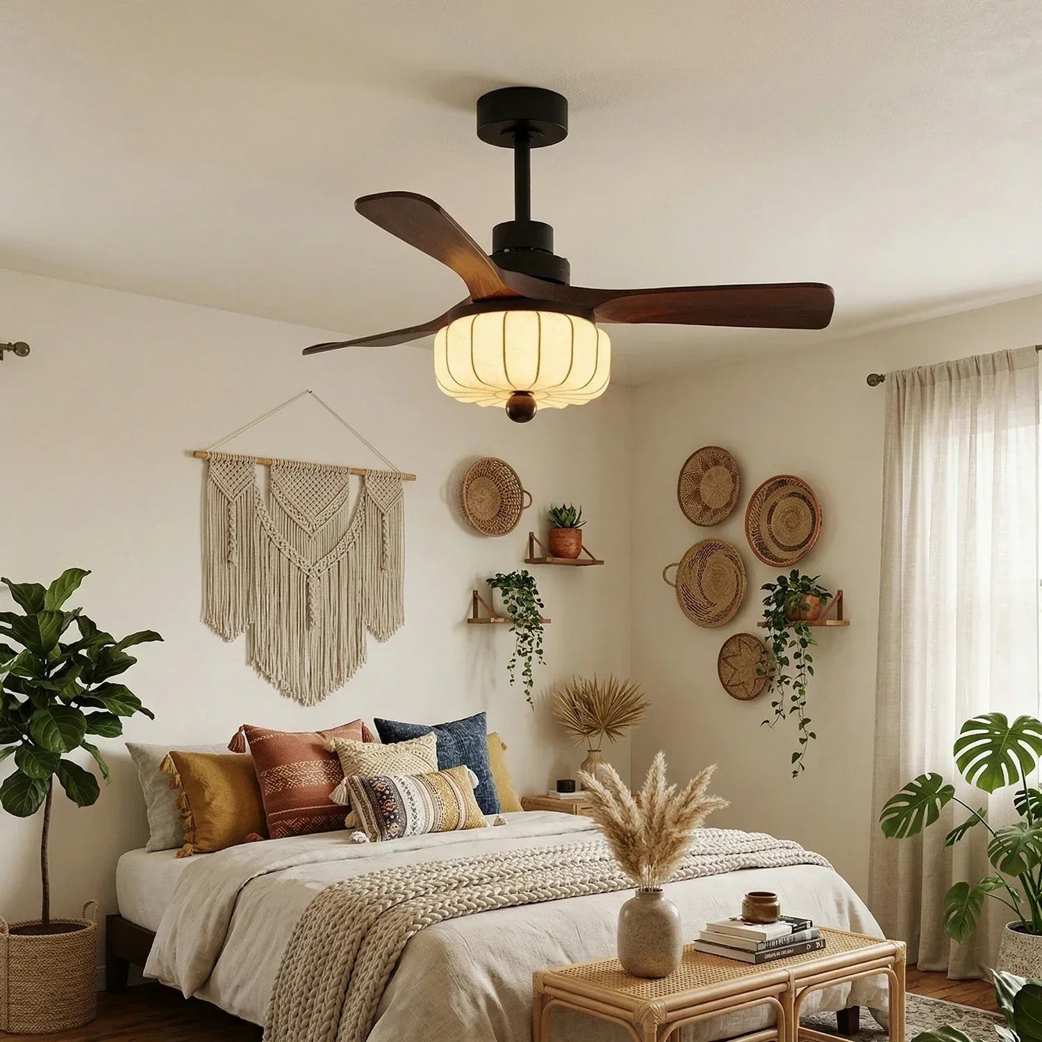Elira Walnut Blade Ceiling Fan with Fabric Lantern Light-Home & Garden > Lighting > Ceiling Fans-Laren Fete-Model A ∅ 42″ x H 13.8″-Walnut Color + Black + White-Warm Light-Laren Fete