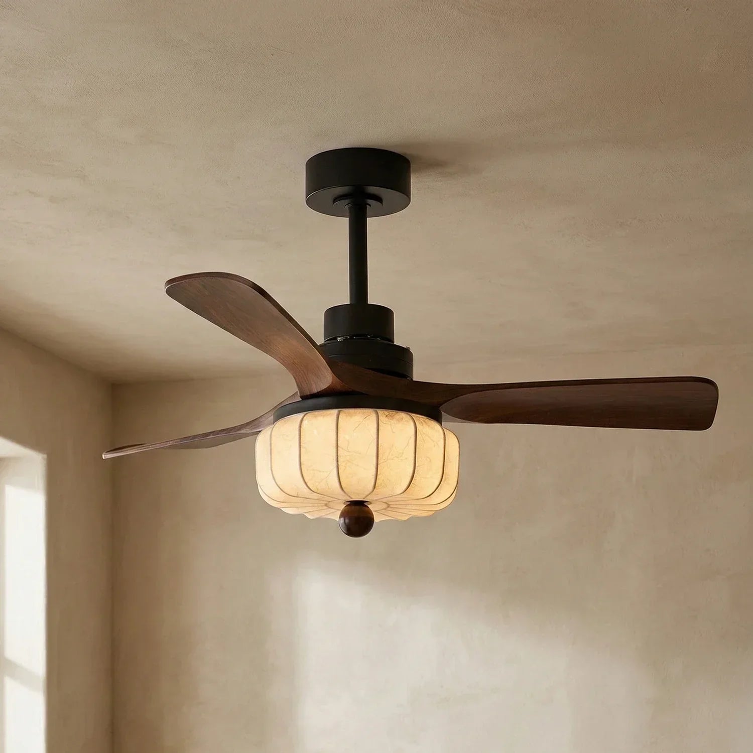 Elira Walnut Blade Ceiling Fan with Fabric Lantern Light-Home & Garden > Lighting > Ceiling Fans-Laren Fete-Model A ∅ 52″ x H 13.8″-Walnut Color + Black + White-Warm Light-Laren Fete