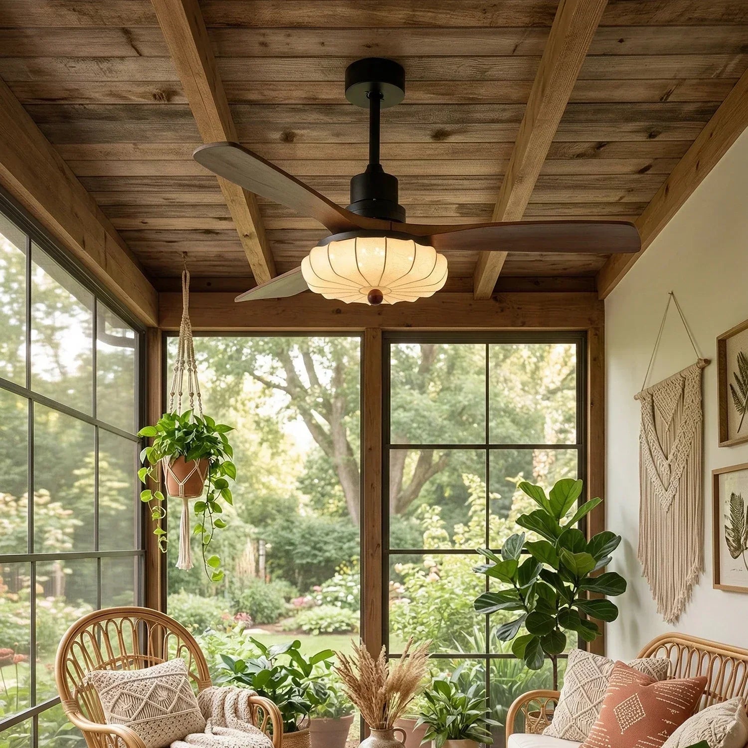 Elira Walnut Blade Ceiling Fan with Fabric Lantern Light-Home & Garden > Lighting > Ceiling Fans-Laren Fete-Model B ∅ 42″ x H 11.8″-Walnut Color + Black + White-Warm Light-Laren Fete