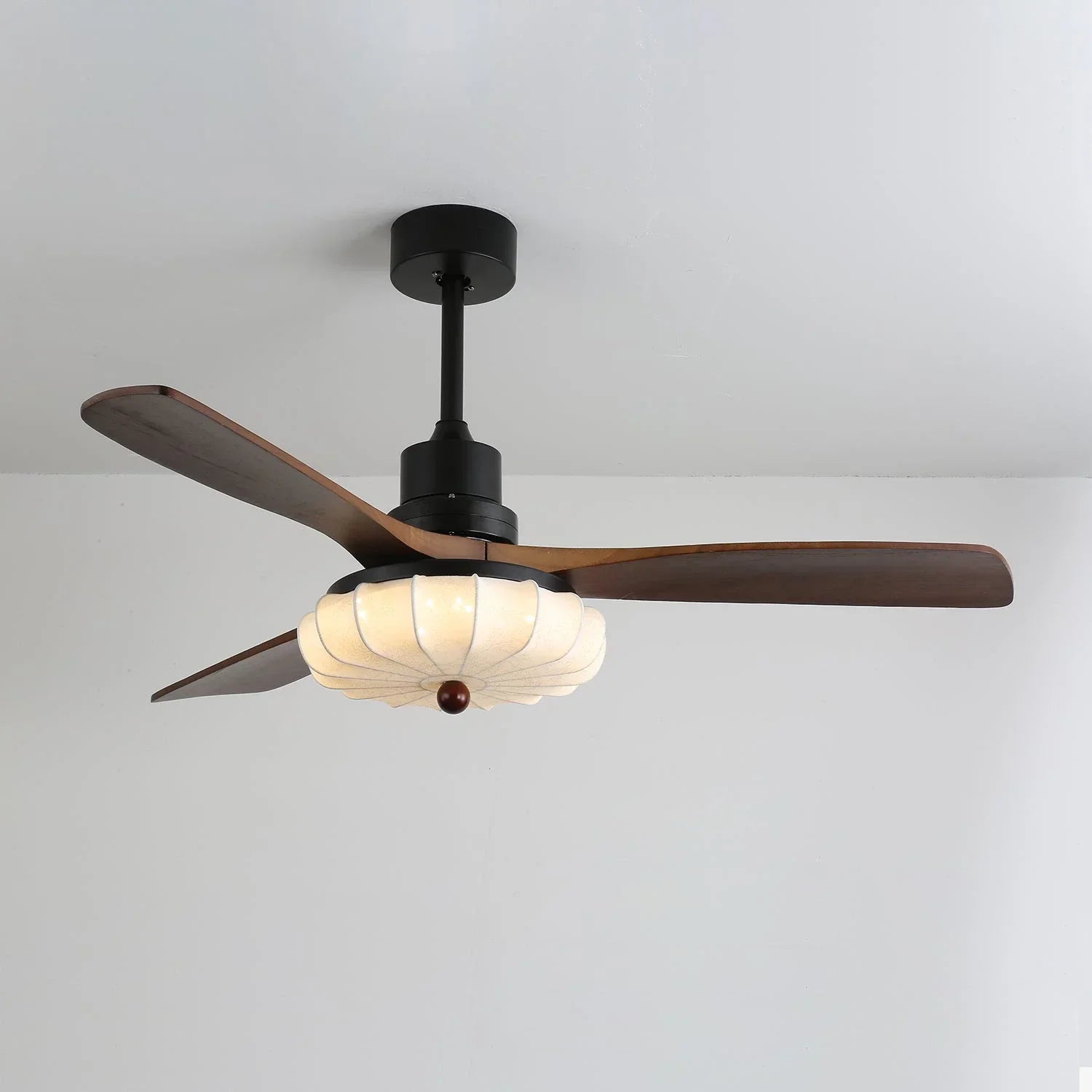 Elira Walnut Blade Ceiling Fan with Fabric Lantern Light-Home & Garden > Lighting > Ceiling Fans-Laren Fete-Model B ∅ 48″ x H 11.8″-Walnut Color + Black + White-Warm Light-Laren Fete