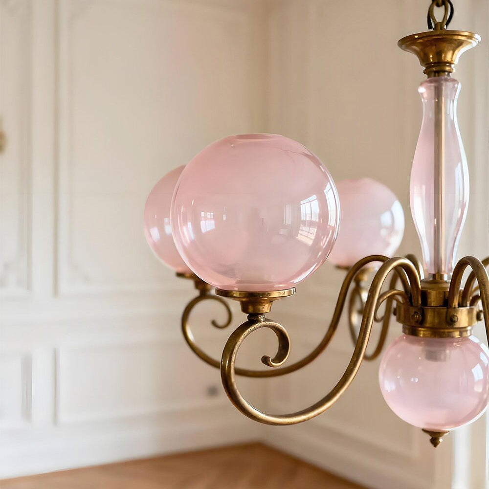 Evelyn Glass Globe Chandelier-Home & Garden > Lighting > Chandeliers-Laren Fete-3+1 heads D 55cm x H 40cm / ∅ 21.7" x H 15.7"-Antique Brass & Pink-Laren Fete