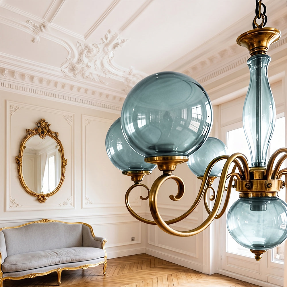 Evelyn Glass Globe Chandelier-Home & Garden > Lighting > Chandeliers-Laren Fete-3+1 heads D 55cm x H 40cm / ∅ 21.7" x H 15.7"-Antique Brass & Pink-Laren Fete