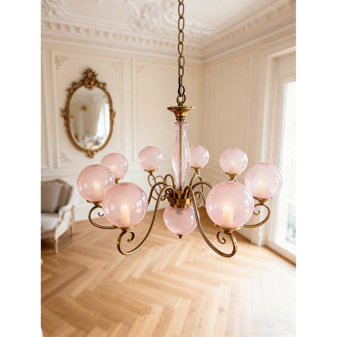 Evelyn Glass Globe Chandelier-Home & Garden > Lighting > Chandeliers-Laren Fete-3+1 heads D 55cm x H 40cm / ∅ 21.7" x H 15.7"-Antique Brass & Pink-Laren Fete