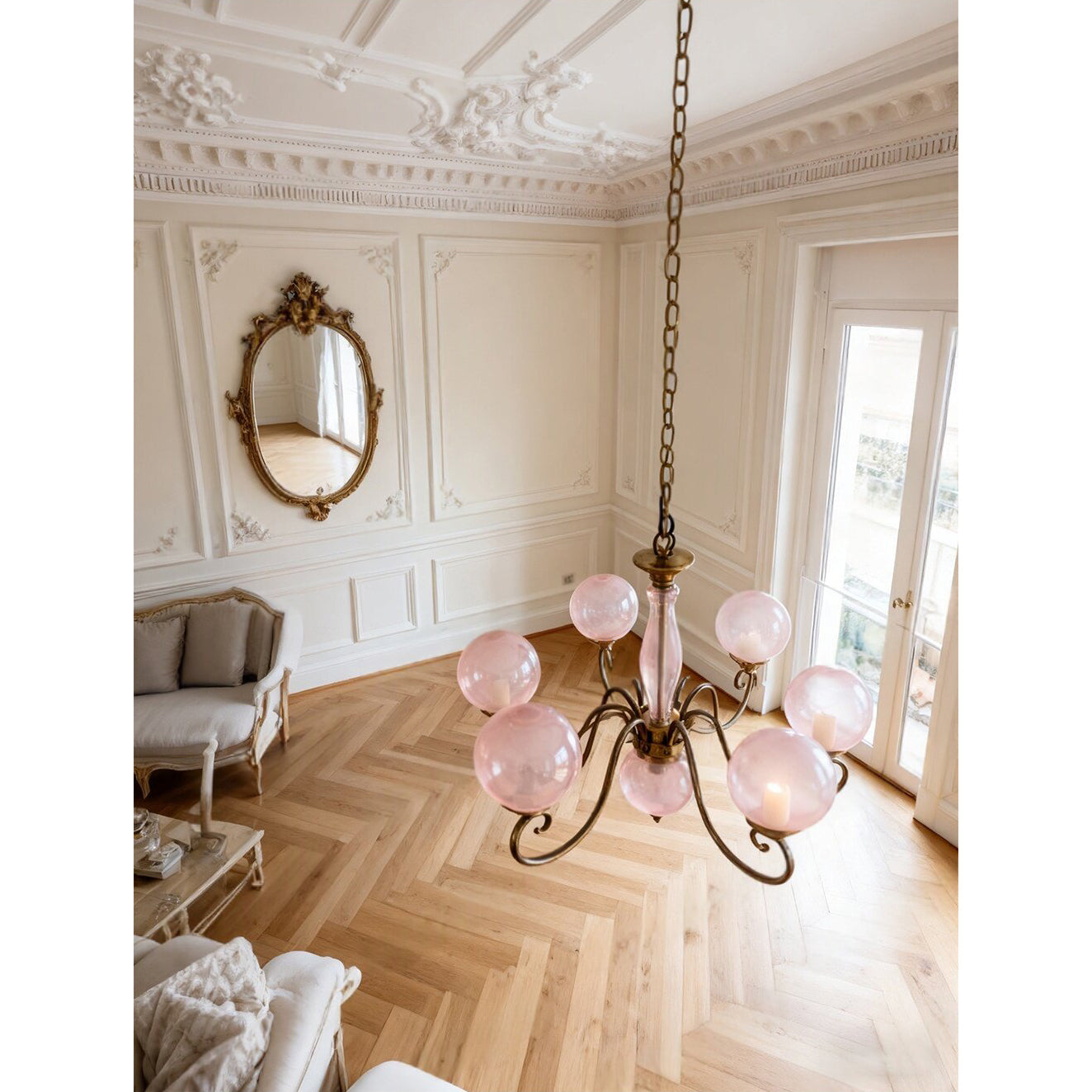 Evelyn Glass Globe Chandelier-Home & Garden > Lighting > Chandeliers-Laren Fete-3+1 heads D 55cm x H 40cm / ∅ 21.7" x H 15.7"-Antique Brass & Pink-Laren Fete