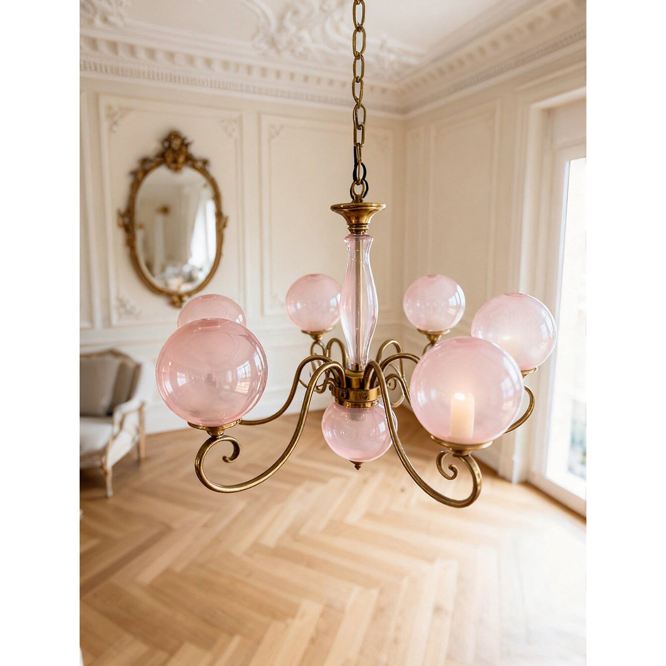 Evelyn Glass Globe Chandelier-Home & Garden > Lighting > Chandeliers-Laren Fete-3+1 heads D 55cm x H 40cm / ∅ 21.7" x H 15.7"-Antique Brass & Pink-Laren Fete