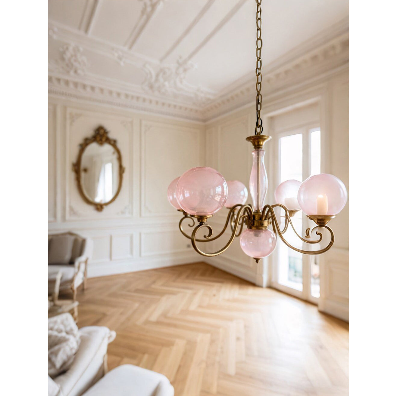 Evelyn Glass Globe Chandelier-Home & Garden > Lighting > Chandeliers-Laren Fete-3+1 heads D 55cm x H 40cm / ∅ 21.7" x H 15.7"-Antique Brass & Pink-Laren Fete