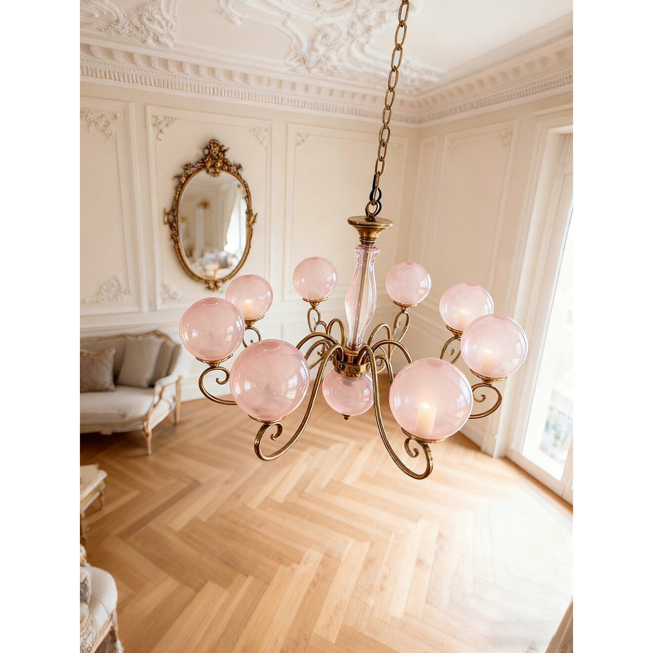 Evelyn Glass Globe Chandelier-Home & Garden > Lighting > Chandeliers-Laren Fete-3+1 heads D 55cm x H 40cm / ∅ 21.7" x H 15.7"-Antique Brass & Pink-Laren Fete