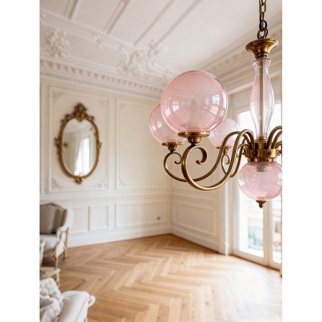 Evelyn Glass Globe Chandelier-Home & Garden > Lighting > Chandeliers-Laren Fete-3+1 heads D 55cm x H 40cm / ∅ 21.7" x H 15.7"-Antique Brass & Pink-Laren Fete