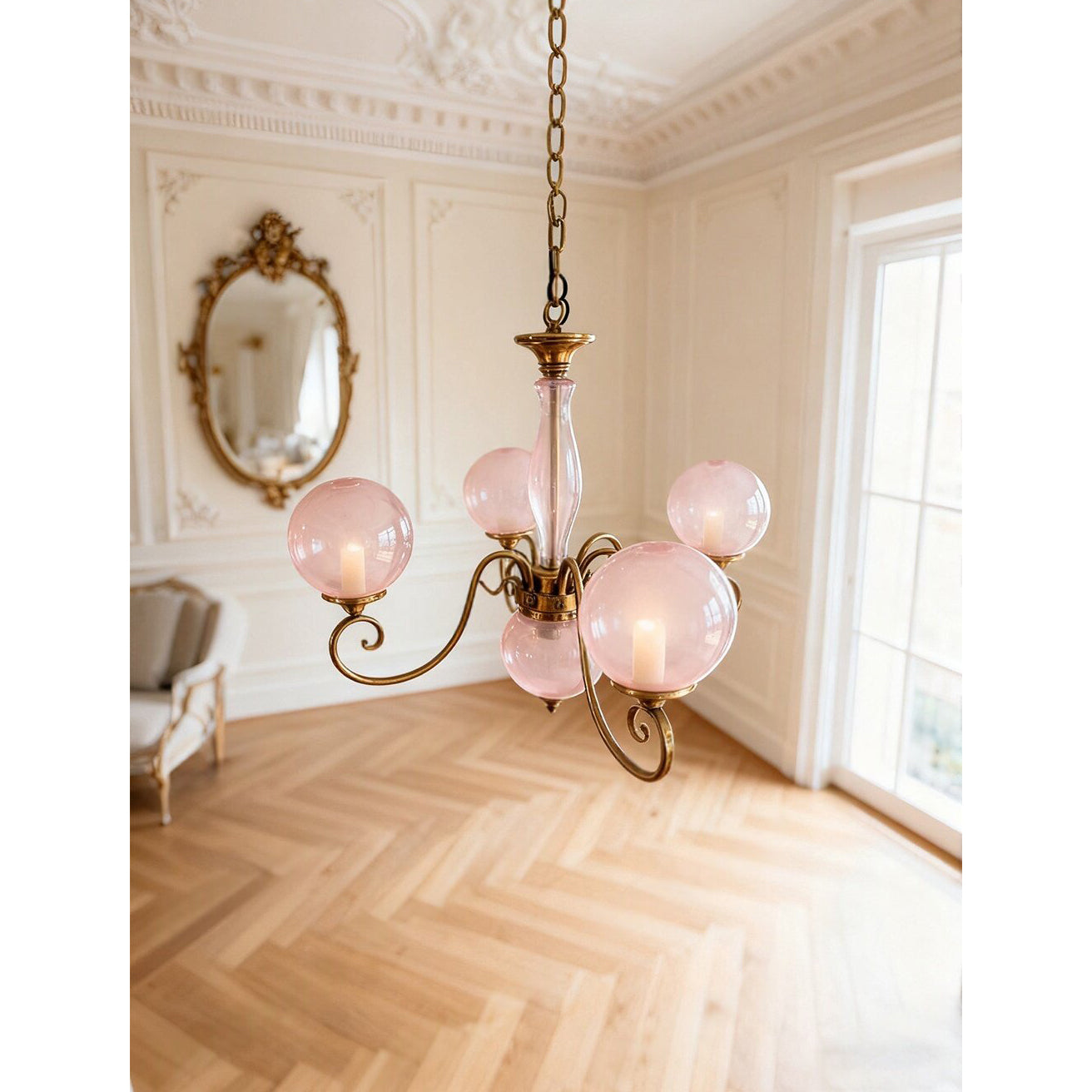Evelyn Glass Globe Chandelier-Home & Garden > Lighting > Chandeliers-Laren Fete-3+1 heads D 55cm x H 40cm / ∅ 21.7" x H 15.7"-Antique Brass & Pink-Laren Fete