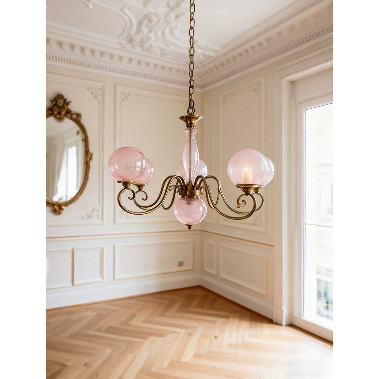 Evelyn Glass Globe Chandelier-Home & Garden > Lighting > Chandeliers-Laren Fete-3+1 heads D 55cm x H 40cm / ∅ 21.7" x H 15.7"-Antique Brass & Pink-Laren Fete