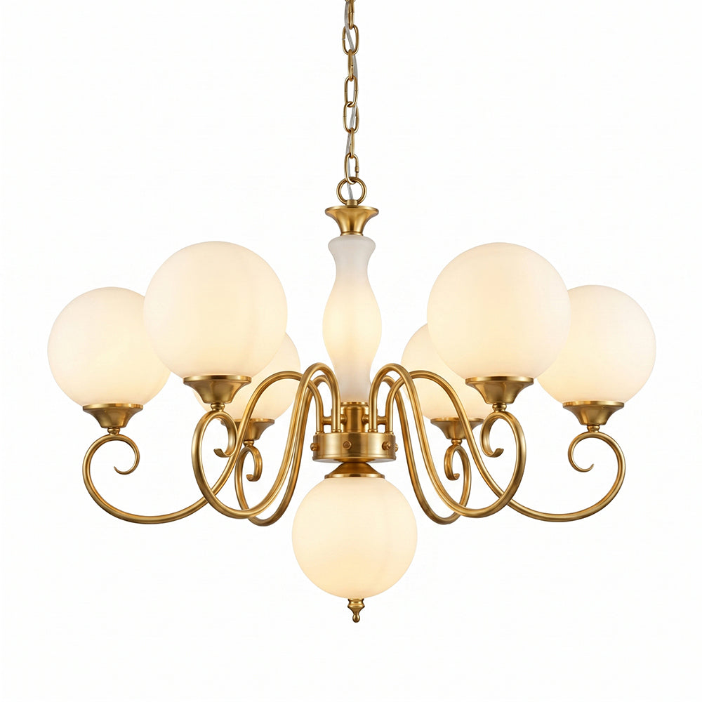 Evelyn Glass Globe Chandelier-Home & Garden > Lighting > Chandeliers-Laren Fete-3+1 heads D 55cm x H 40cm / ∅ 21.7" x H 15.7"-Antique Brass & Pink-Laren Fete