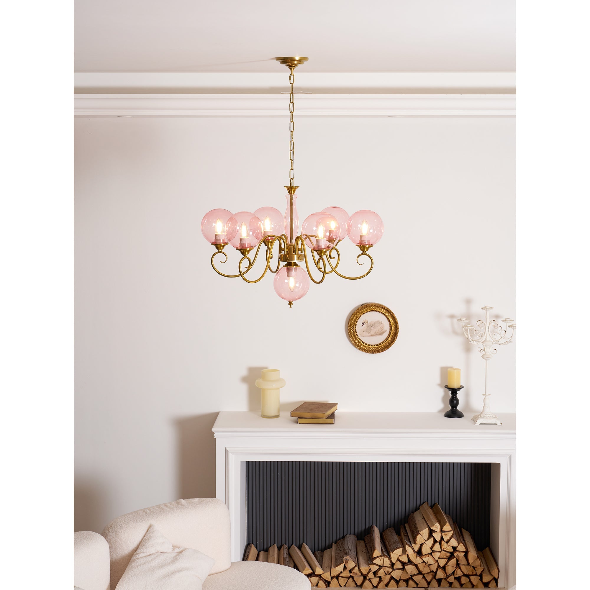 Evelyn Glass Globe Chandelier-Home & Garden > Lighting > Chandeliers-Laren Fete-3+1 heads D 55cm x H 40cm / ∅ 21.7" x H 15.7"-Antique Brass & Pink-Laren Fete