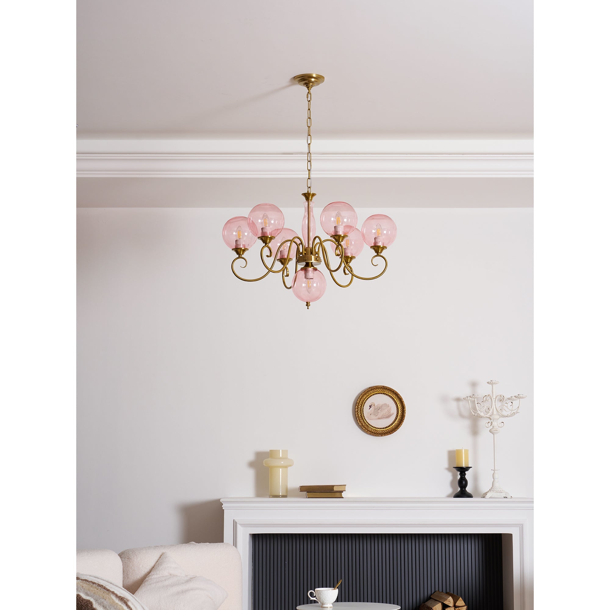 Evelyn Glass Globe Chandelier-Home & Garden > Lighting > Chandeliers-Laren Fete-3+1 heads D 55cm x H 40cm / ∅ 21.7" x H 15.7"-Antique Brass & Pink-Laren Fete