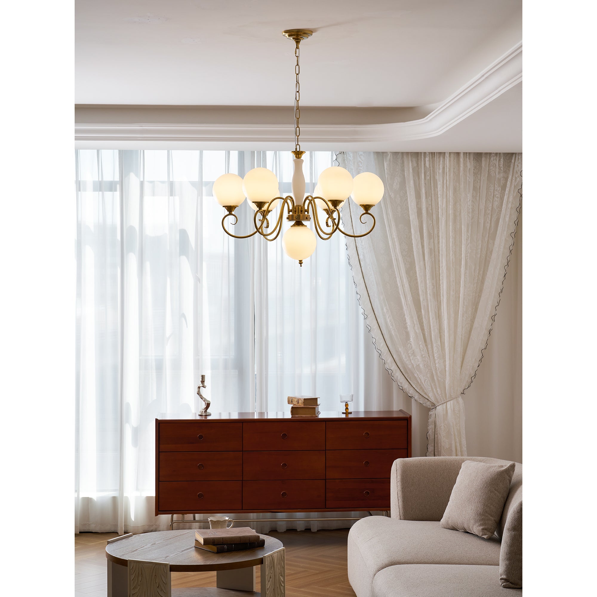 Evelyn Glass Globe Chandelier-Home & Garden > Lighting > Chandeliers-Laren Fete-3+1 heads D 55cm x H 40cm / ∅ 21.7" x H 15.7"-Antique Brass & Pink-Laren Fete