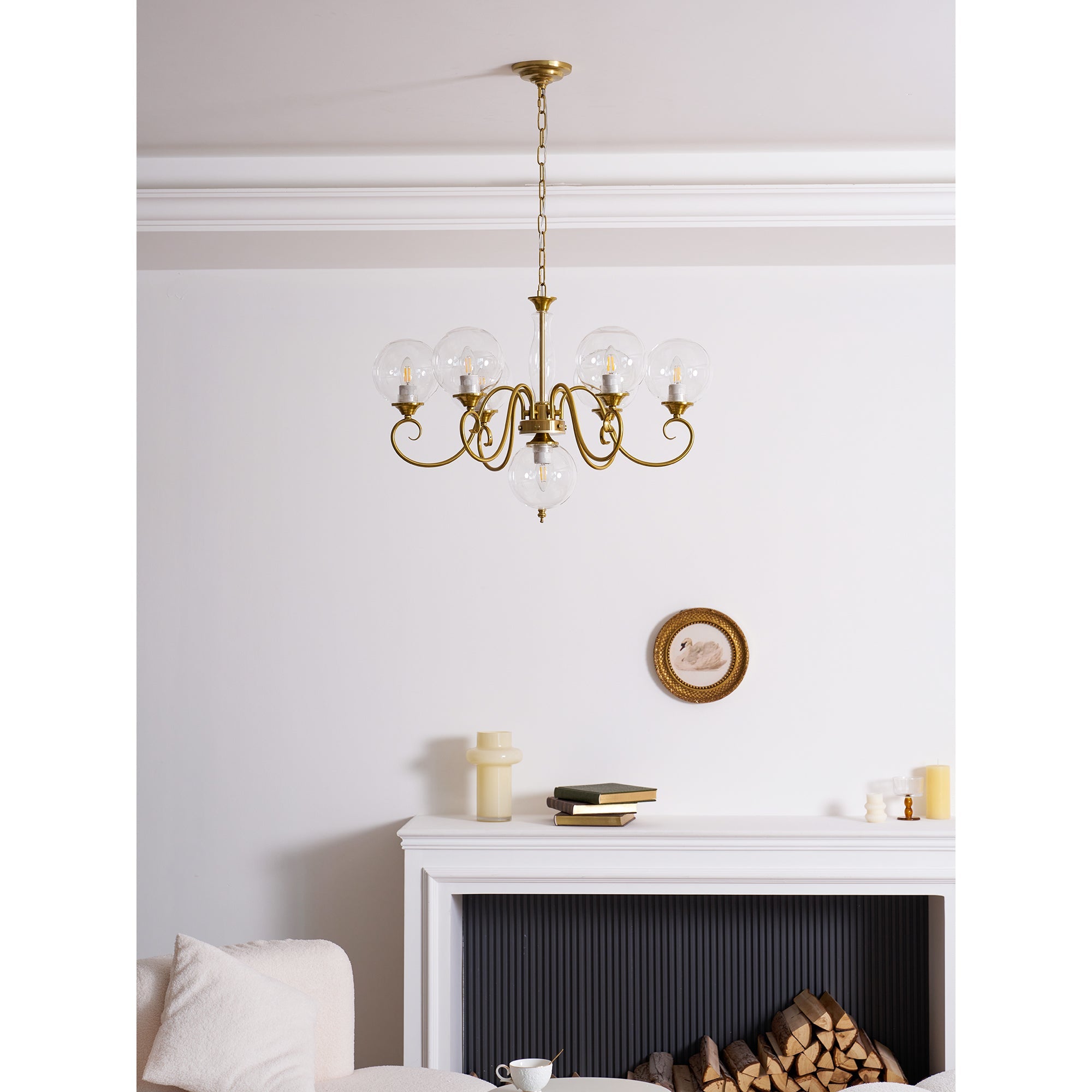 Evelyn Glass Globe Chandelier-Home & Garden > Lighting > Chandeliers-Laren Fete-3+1 heads D 55cm x H 40cm / ∅ 21.7" x H 15.7"-Antique Brass & Pink-Laren Fete