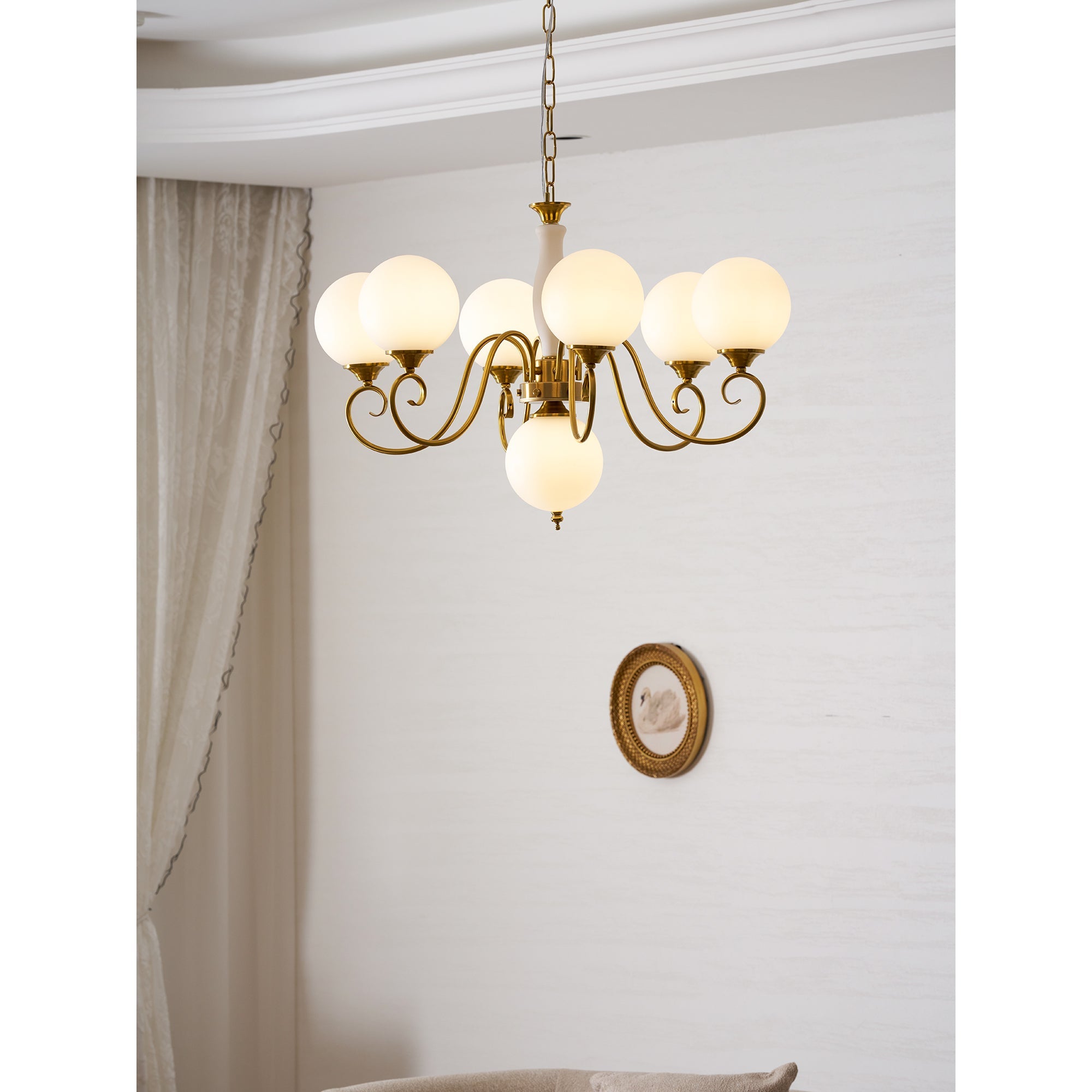 Evelyn Glass Globe Chandelier-Home & Garden > Lighting > Chandeliers-Laren Fete-3+1 heads D 55cm x H 40cm / ∅ 21.7" x H 15.7"-Antique Brass & Pink-Laren Fete