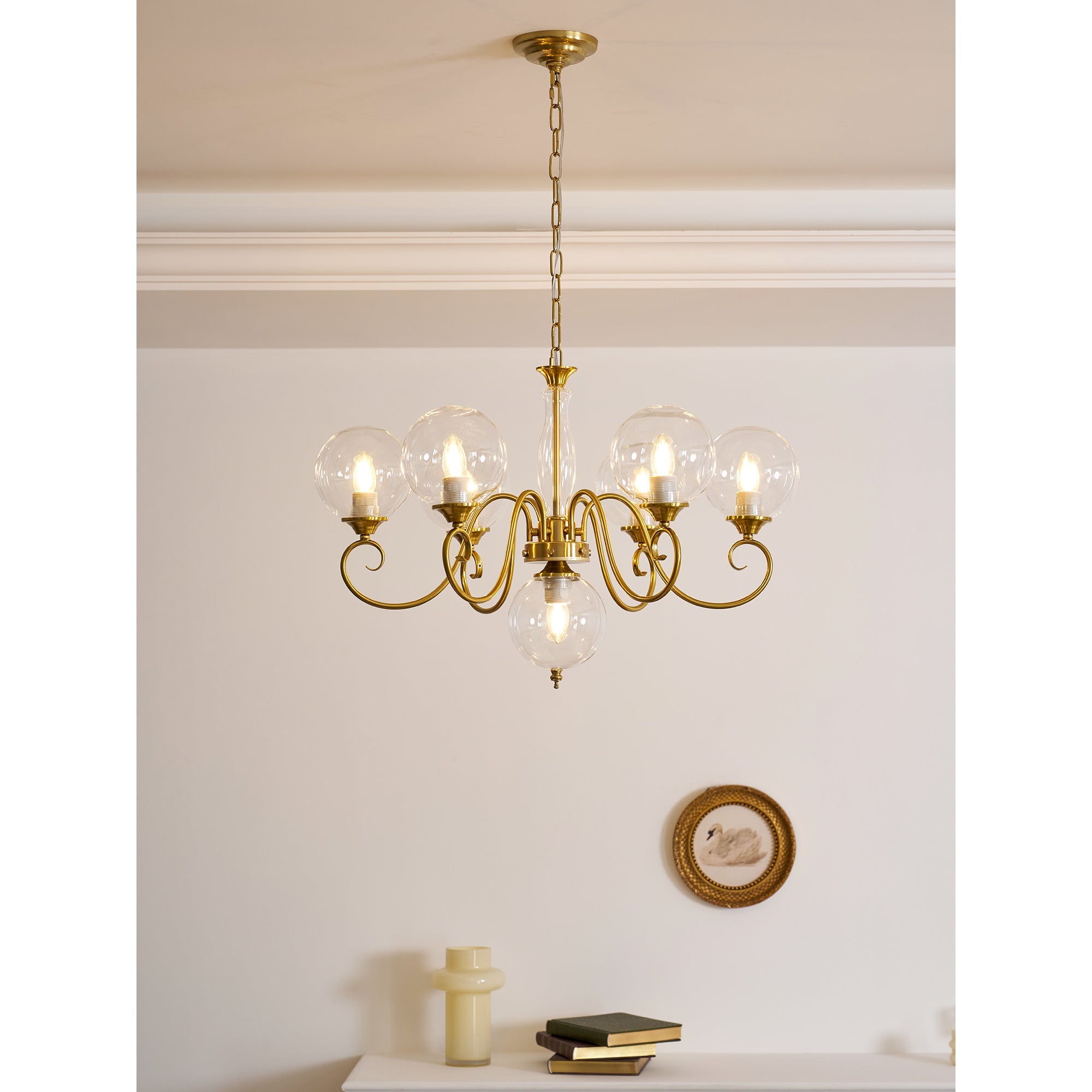 Evelyn Glass Globe Chandelier-Home & Garden > Lighting > Chandeliers-Laren Fete-3+1 heads D 55cm x H 40cm / ∅ 21.7" x H 15.7"-Antique Brass & Pink-Laren Fete
