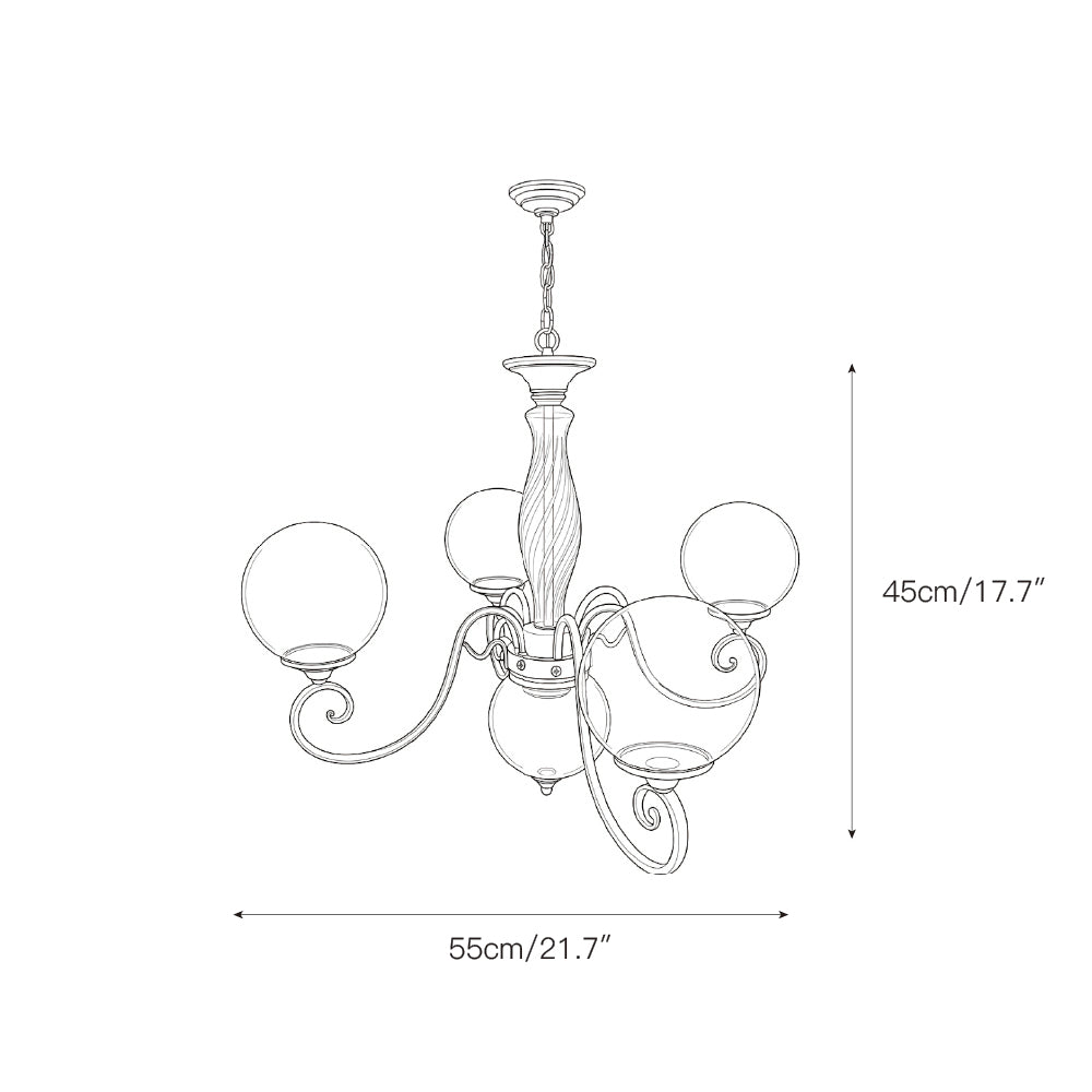 Evelyn Glass Globe Chandelier-Home & Garden > Lighting > Chandeliers-Laren Fete-3+1 heads D 55cm x H 40cm / ∅ 21.7" x H 15.7"-Antique Brass & Pink-Laren Fete
