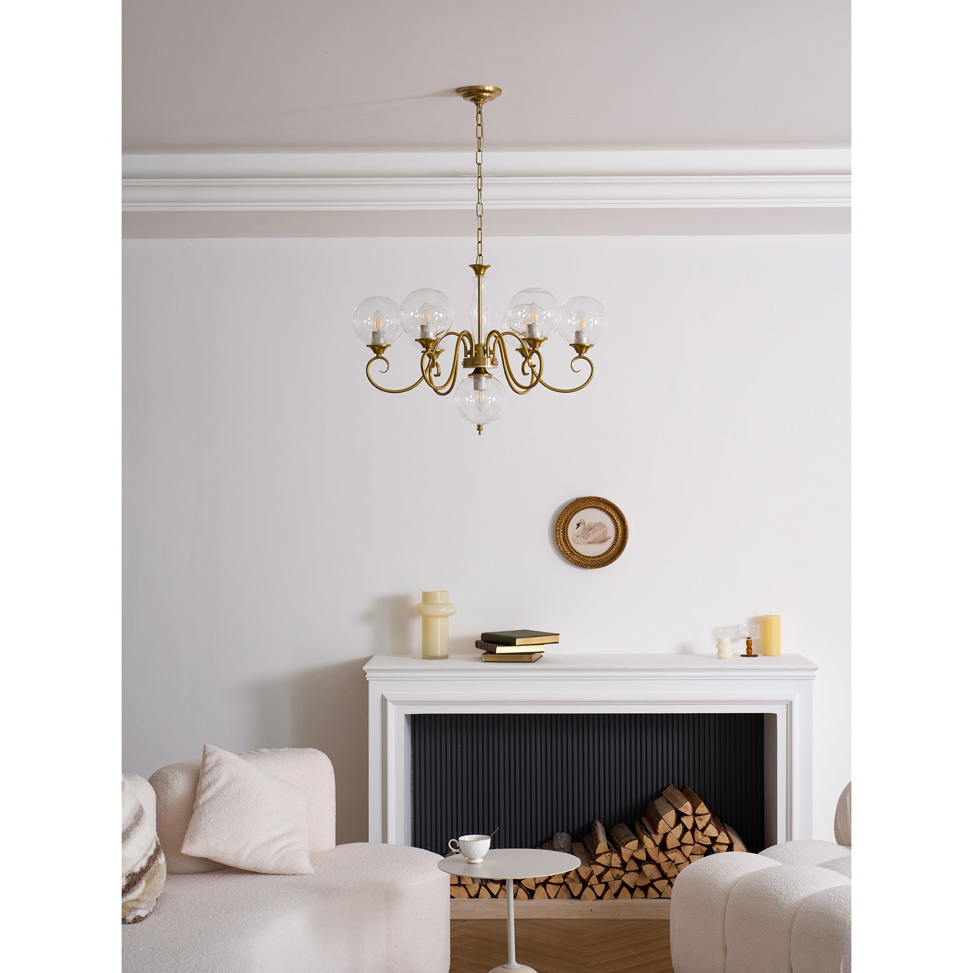 Evelyn Glass Globe Chandelier-Home & Garden > Lighting > Chandeliers-Laren Fete-3+1 heads D 55cm x H 40cm / ∅ 21.7" x H 15.7"-Antique Brass & Pink-Laren Fete