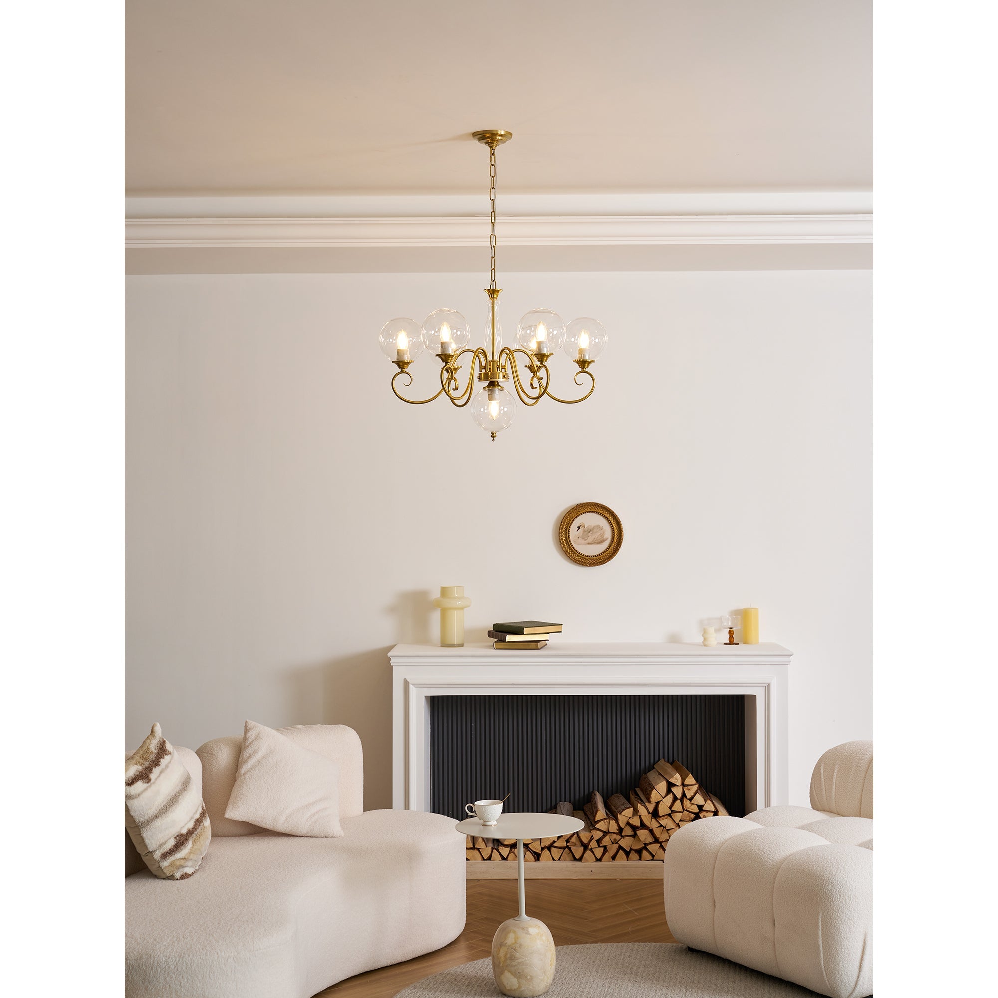 Evelyn Glass Globe Chandelier-Home & Garden > Lighting > Chandeliers-Laren Fete-3+1 heads D 55cm x H 40cm / ∅ 21.7" x H 15.7"-Antique Brass & Pink-Laren Fete