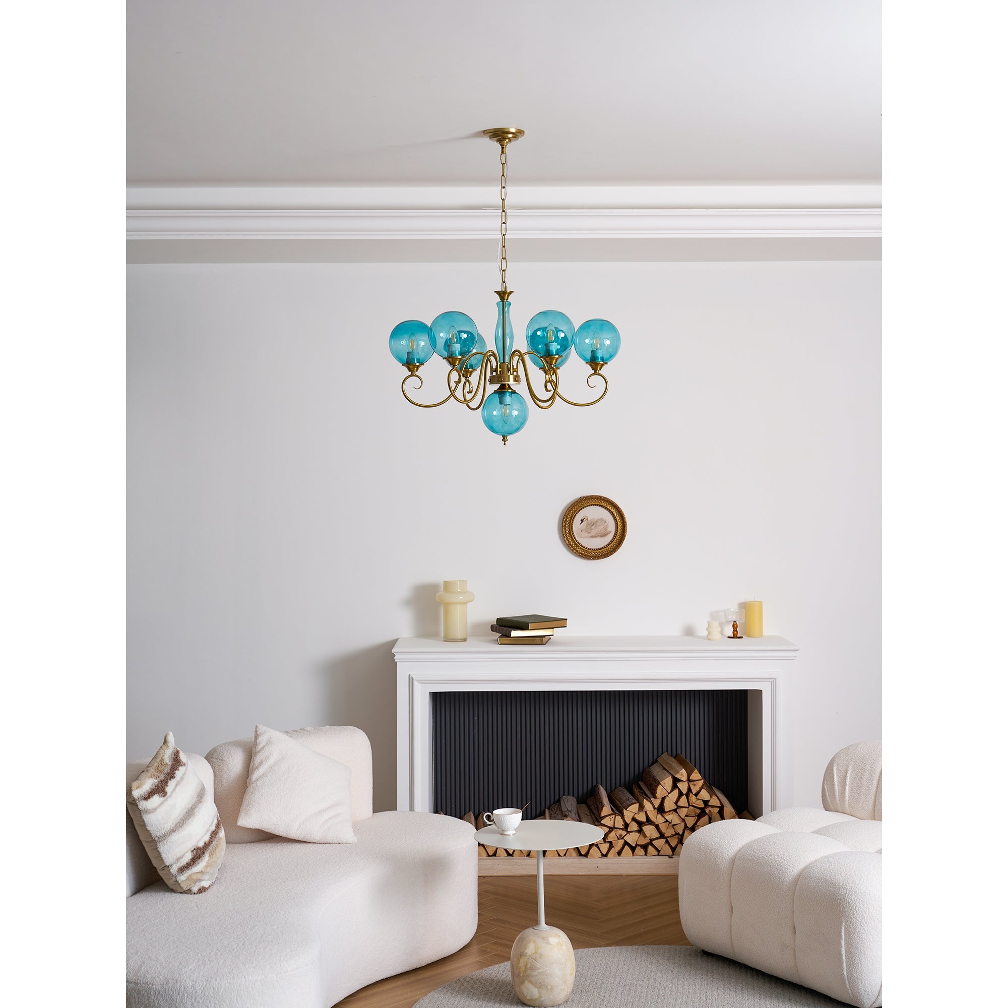 Evelyn Glass Globe Chandelier-Home & Garden > Lighting > Chandeliers-Laren Fete-3+1 heads D 55cm x H 40cm / ∅ 21.7" x H 15.7"-Antique Brass & Pink-Laren Fete