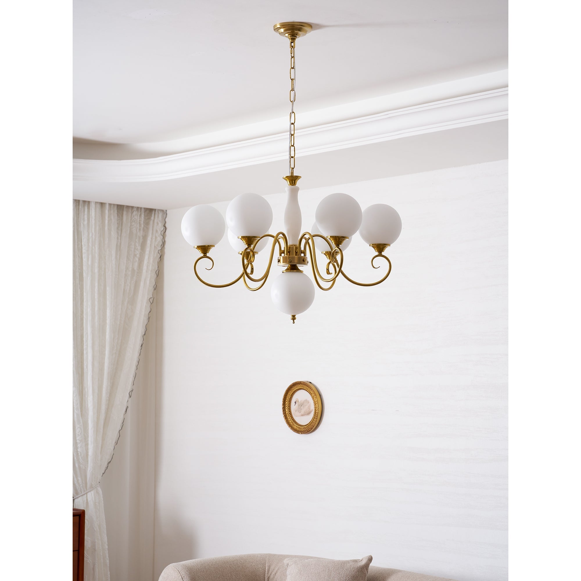 Evelyn Glass Globe Chandelier-Home & Garden > Lighting > Chandeliers-Laren Fete-3+1 heads D 55cm x H 40cm / ∅ 21.7" x H 15.7"-Antique Brass & Pink-Laren Fete