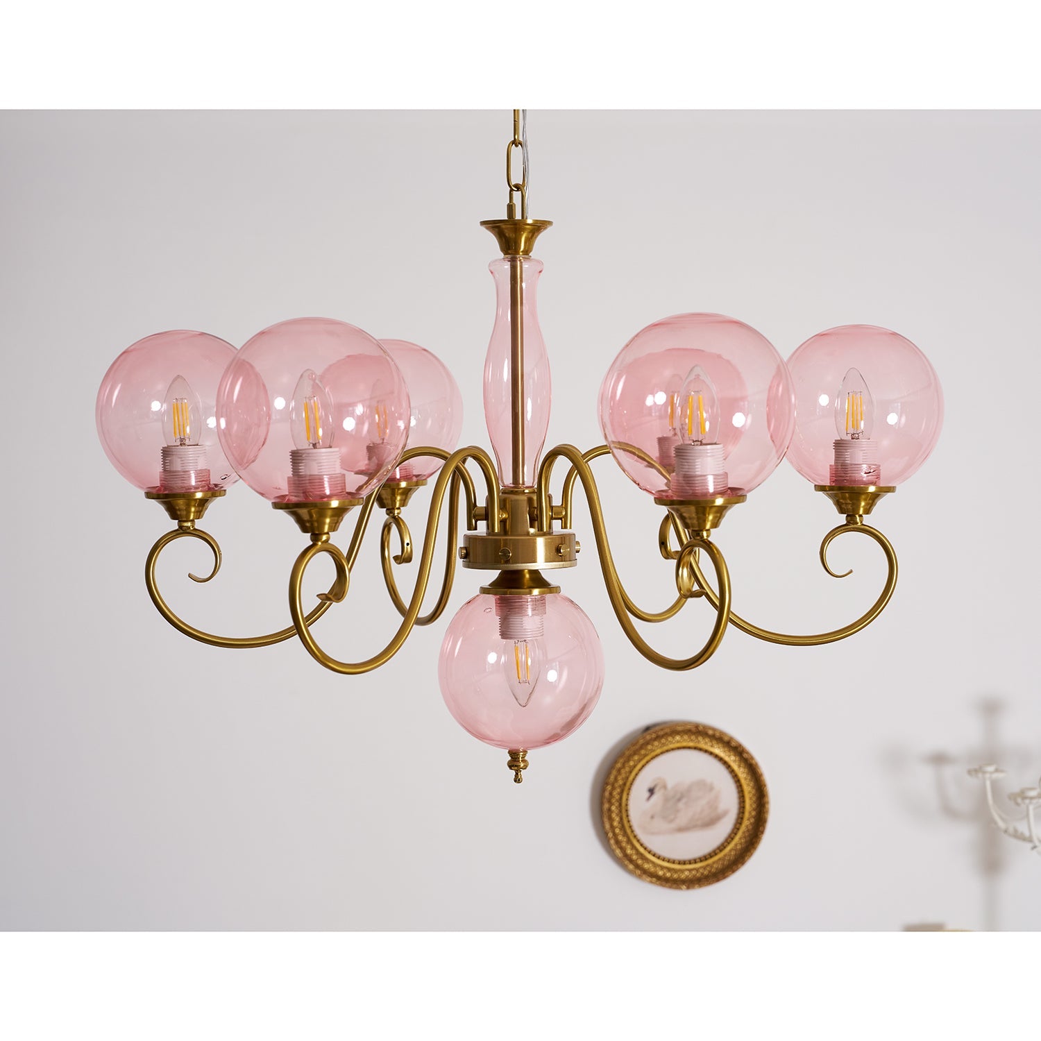 Evelyn Glass Globe Chandelier-Home & Garden > Lighting > Chandeliers-Laren Fete-3+1 heads D 55cm x H 40cm / ∅ 21.7" x H 15.7"-Antique Brass & Pink-Laren Fete